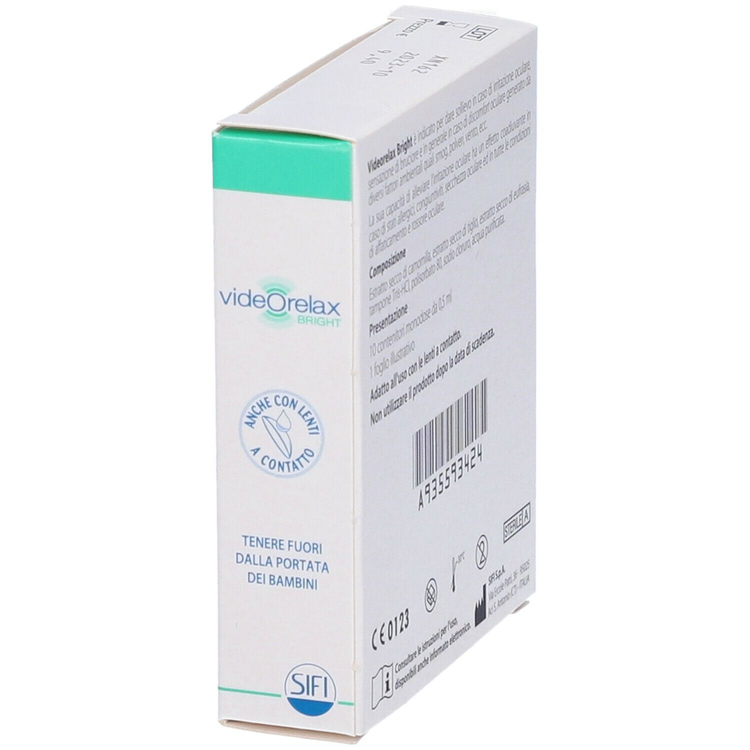 Confezione di videOrelax BRIGHT. Testo: Anche con lenti a contatto. Tenere fuori dalla portata dei bambini.