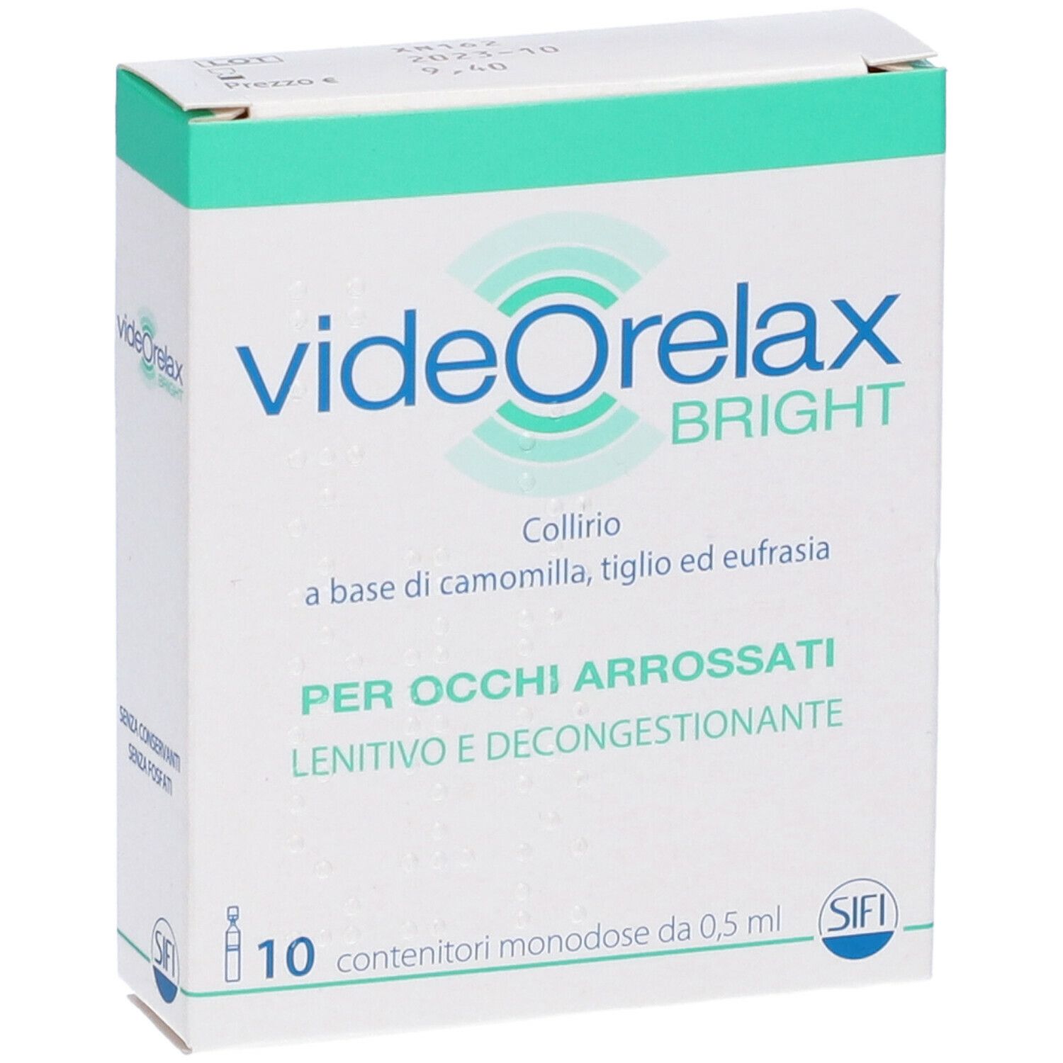 Confezione di videOrelax BRIGHT. Contiene 10 contenitori monodose. Testo: Per occhi arrossati, lenitivo e decongestionante.