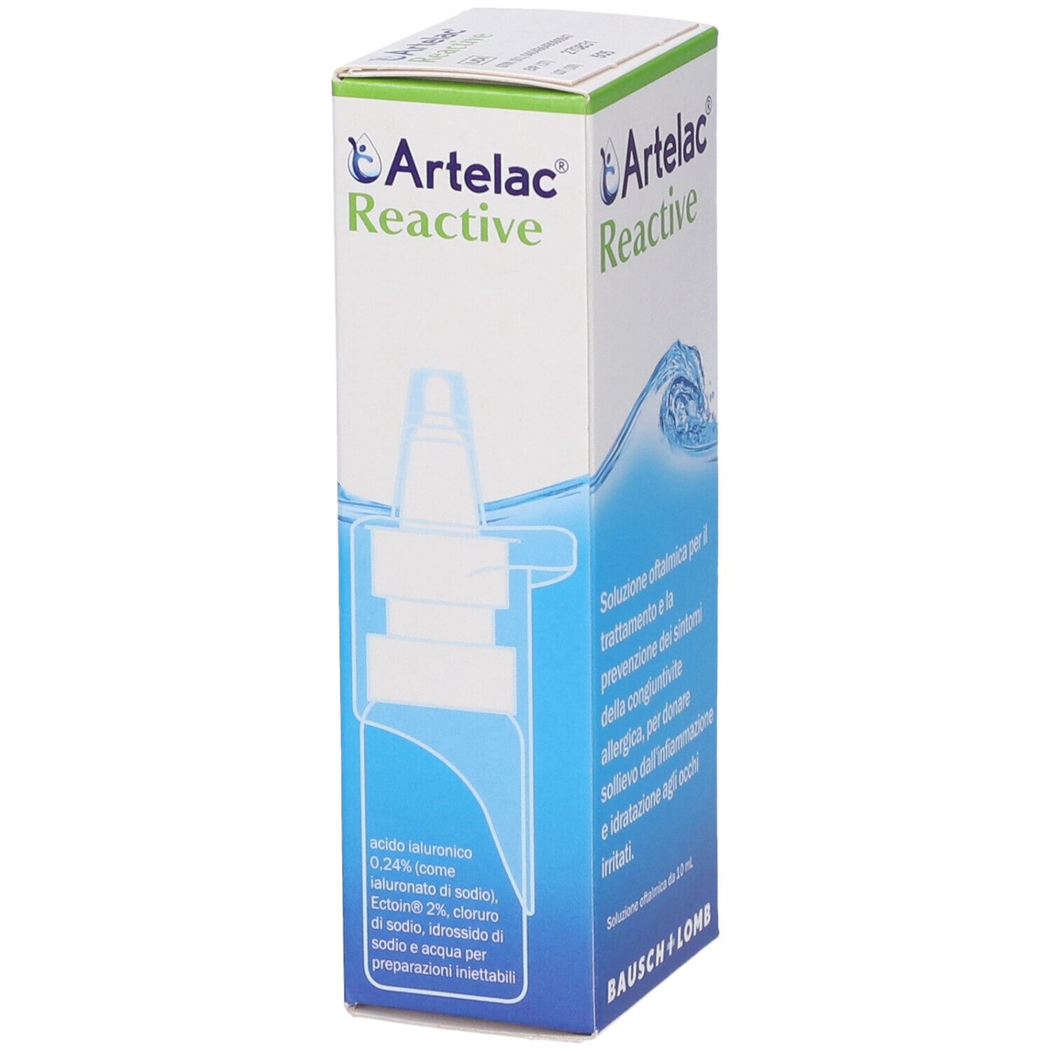 Confezione Artelac Reactive con immagine del prodotto. Grafica blu. Testo: Ingredienti, Bausch + Lomb.