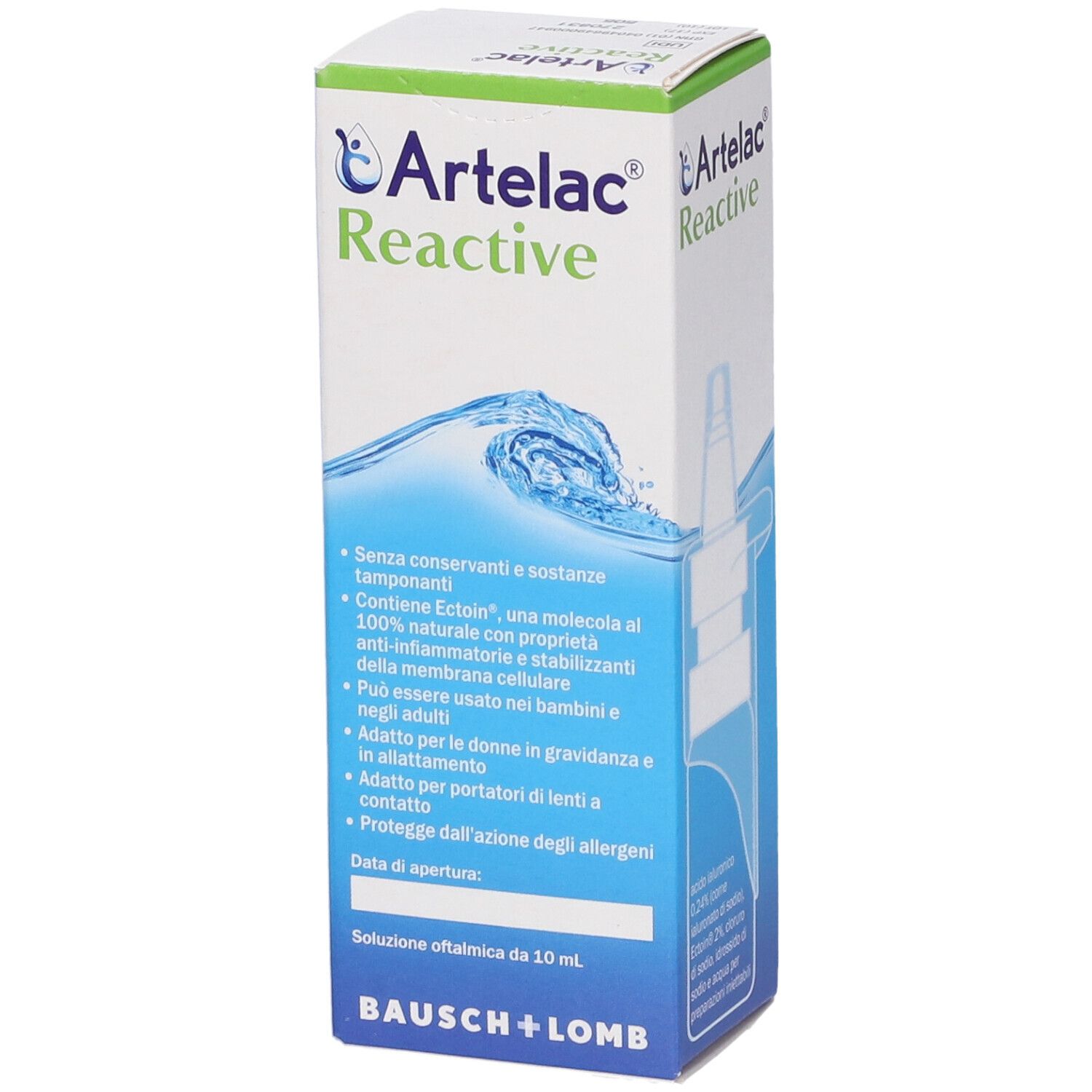 Confezione Artelac Reactive. Testo: Senza conservanti, adatto a donne incinte e che allattano, Bausch + Lomb.