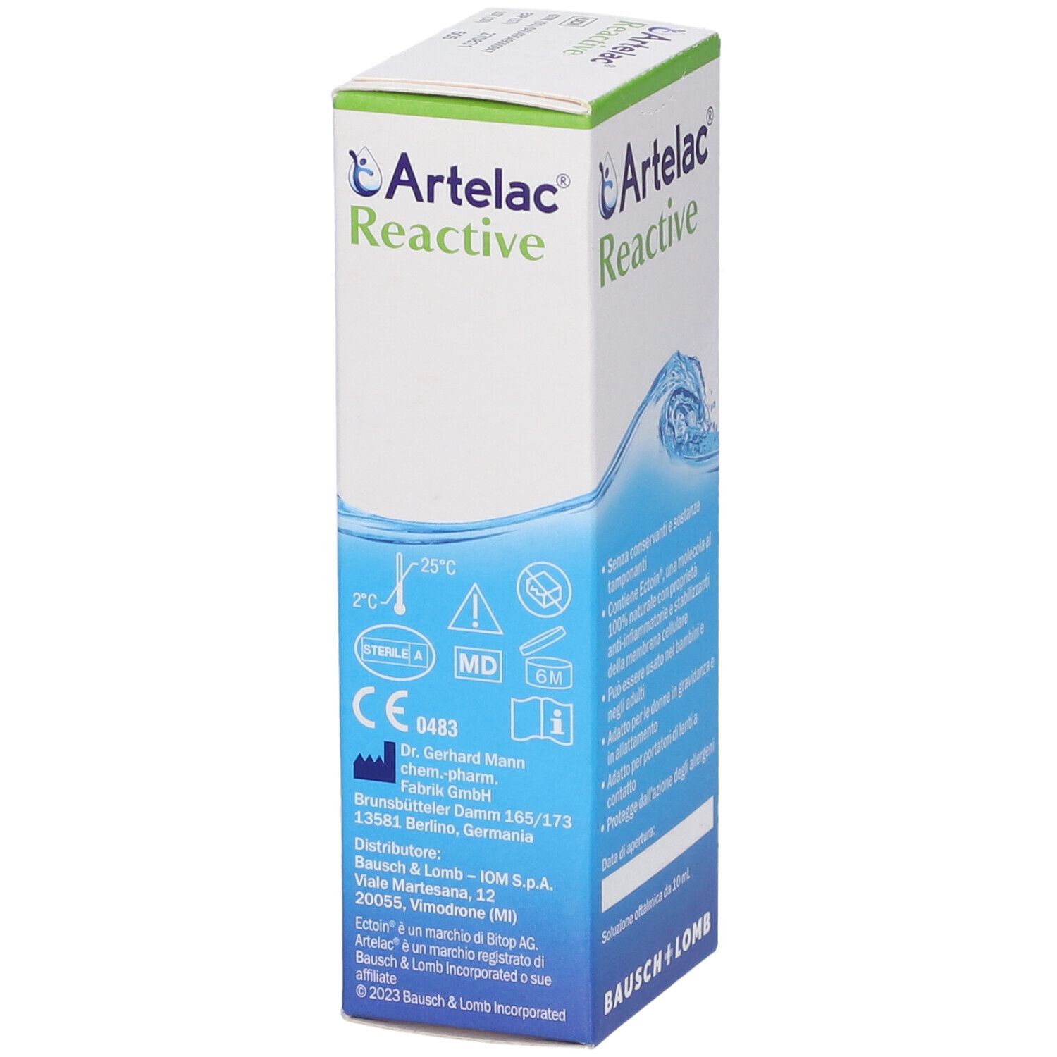 Confezione Artelac Reactive. Testo: Sterile A, MD, marcatura CE, informazioni produttore, Bausch + Lomb.