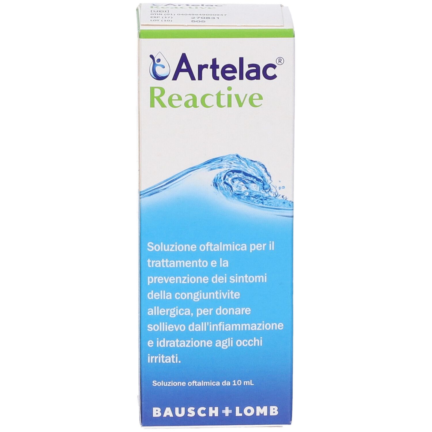 Confezione Artelac Reactive. Grafica onde blu. Testo: Soluzione oftalmica, Bausch + Lomb.
