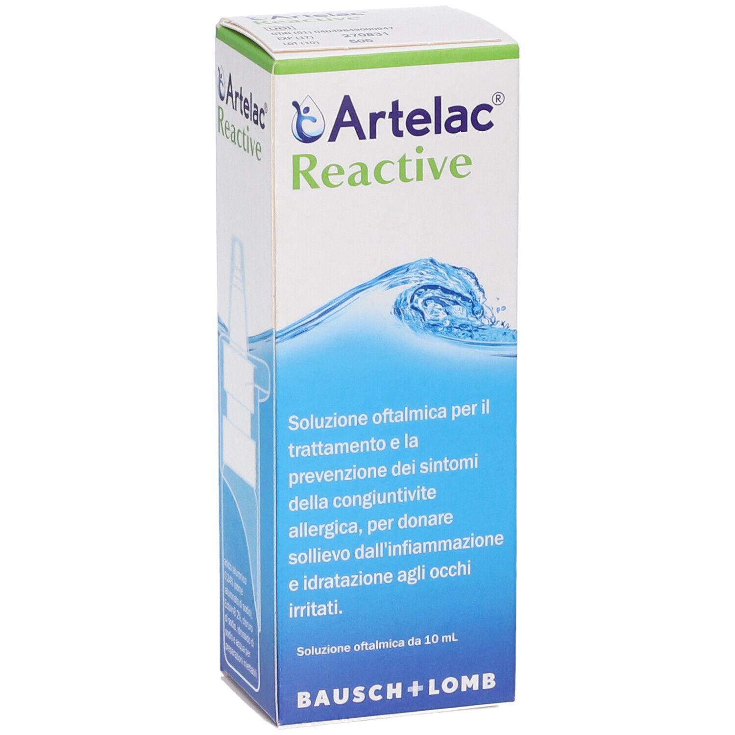 Confezione Artelac Reactive con immagine del prodotto. Grafica blu. Testo: Soluzione oftalmica, Bausch + Lomb.