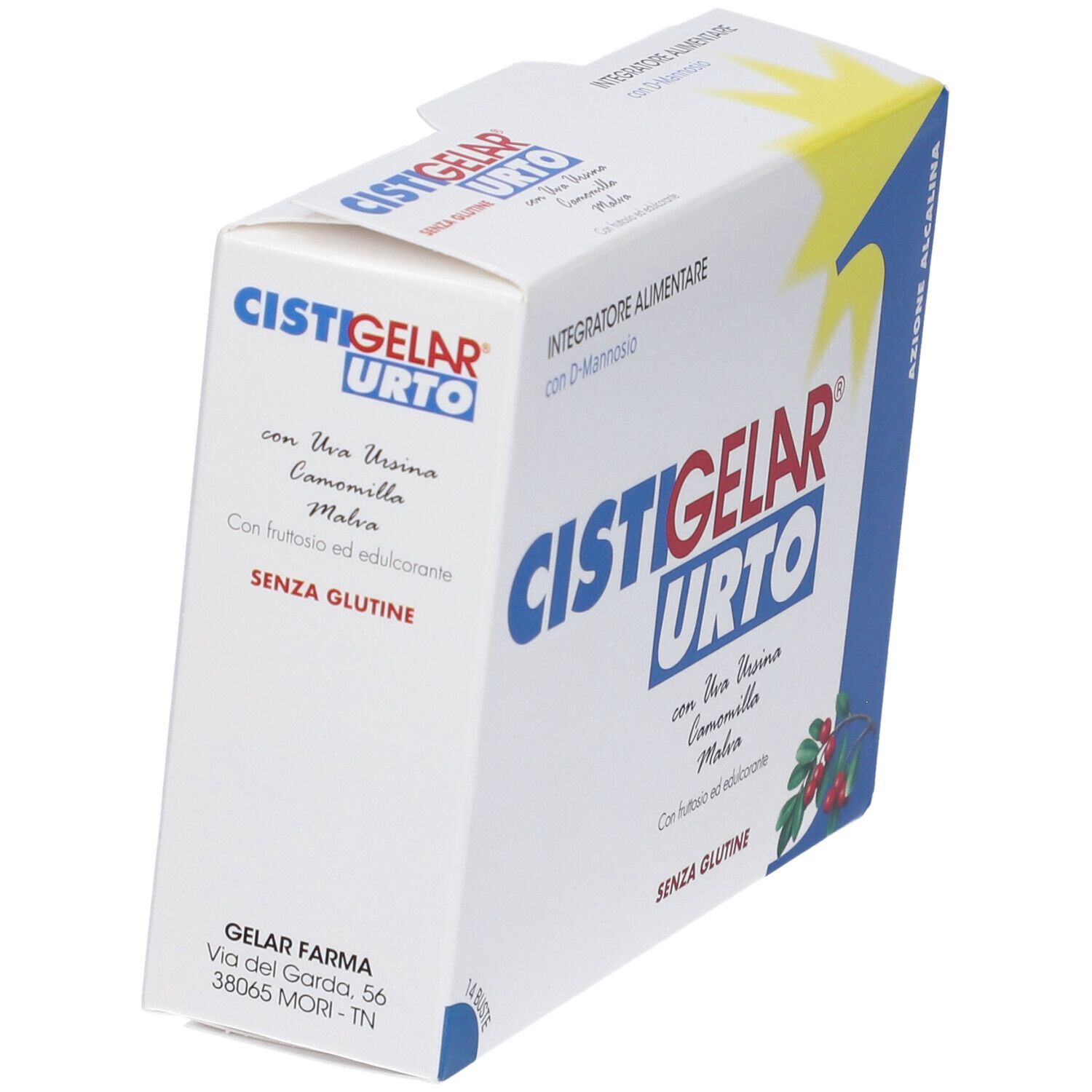 Scatola Cistigelar Urto in diagonale. Scritte e ingredienti visibili. 14 bustine.