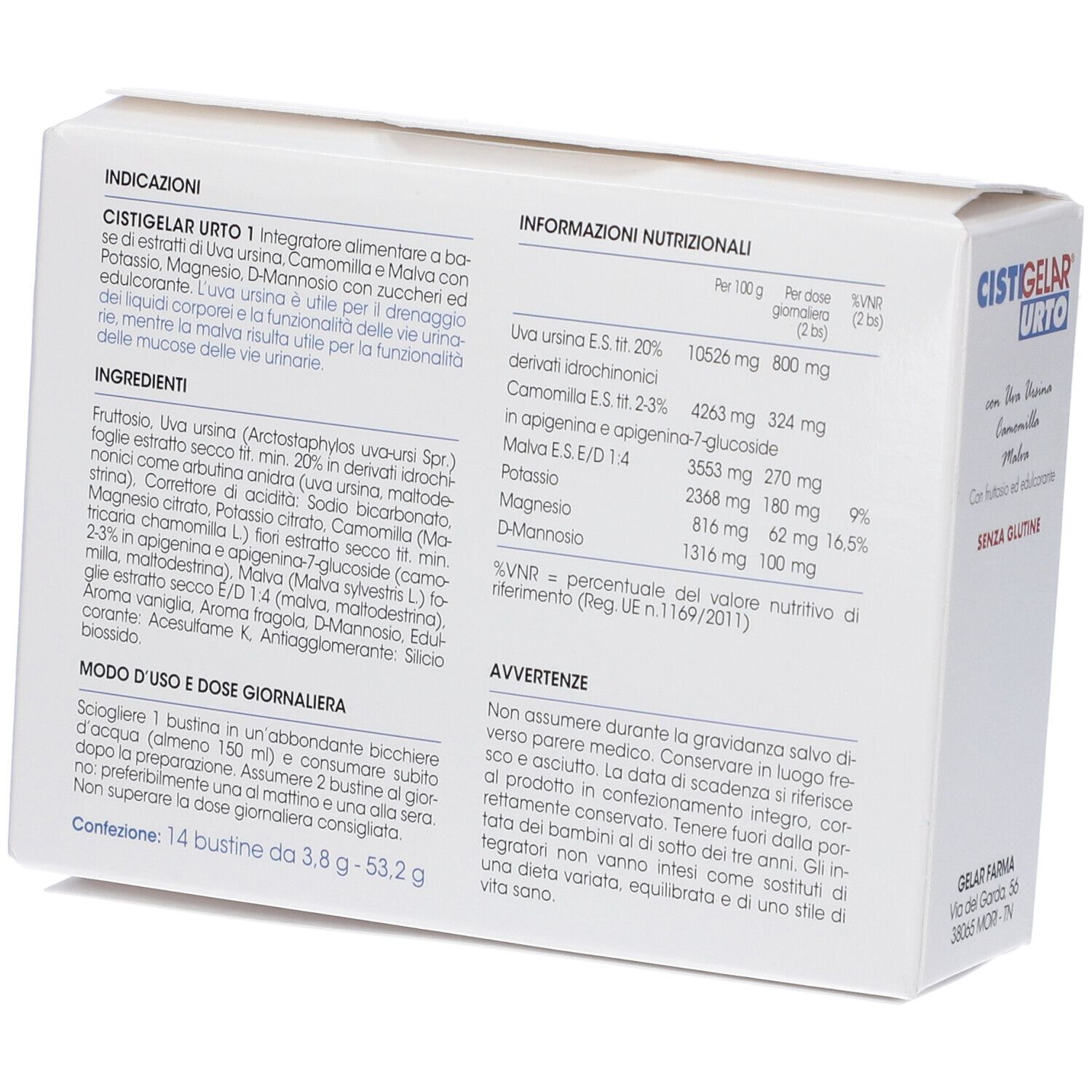 Retro confezione Cistigelar Urto. Ingredienti e informazioni nutrizionali.