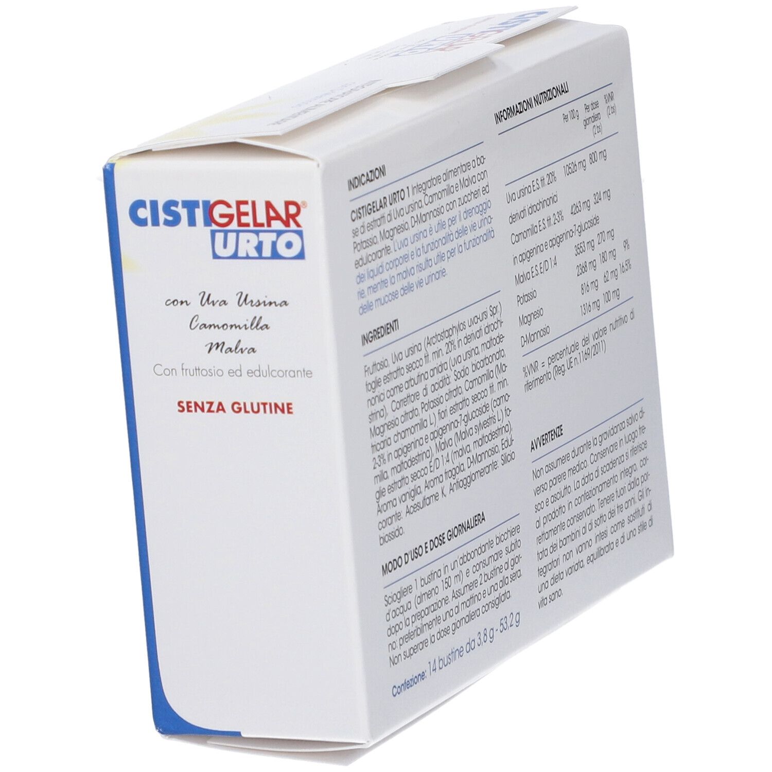 Vista obliqua della confezione Cistigelar Urto. Ingredienti e testo visibili.