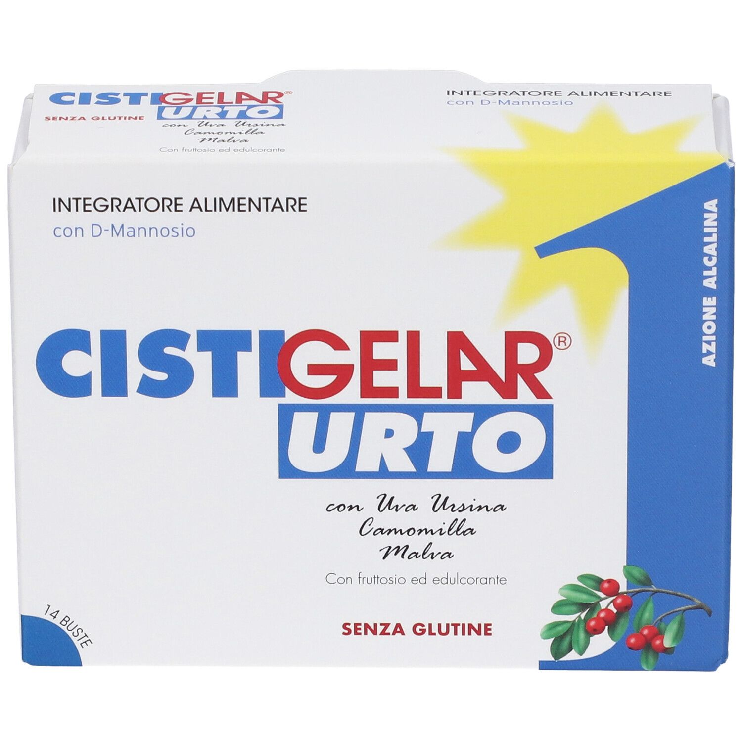 Scatola Cistigelar Urto. Scritte e ingredienti. 14 bustine, senza glutine.