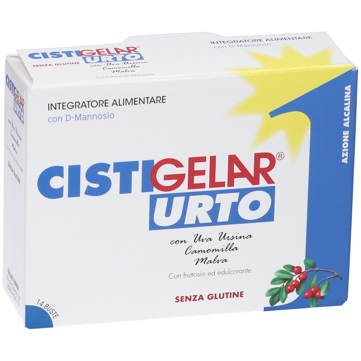 Scatola Cistigelar Urto. Scritte e ingredienti. 14 bustine, senza glutine.