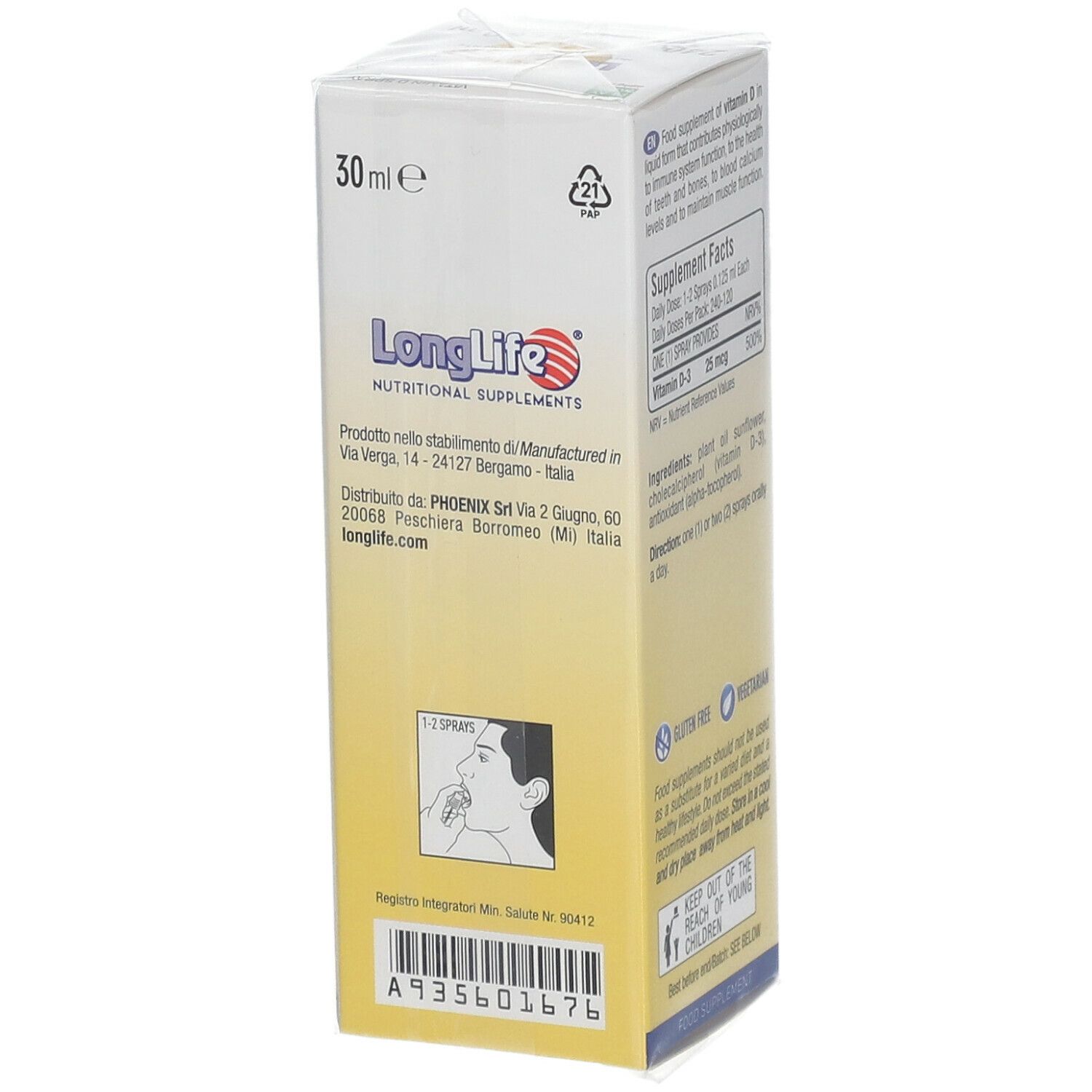 Confezione bianca con informazioni sul prodotto. Marchio LongLife. 30 ml. Illustrazione di una persona che spruzza.