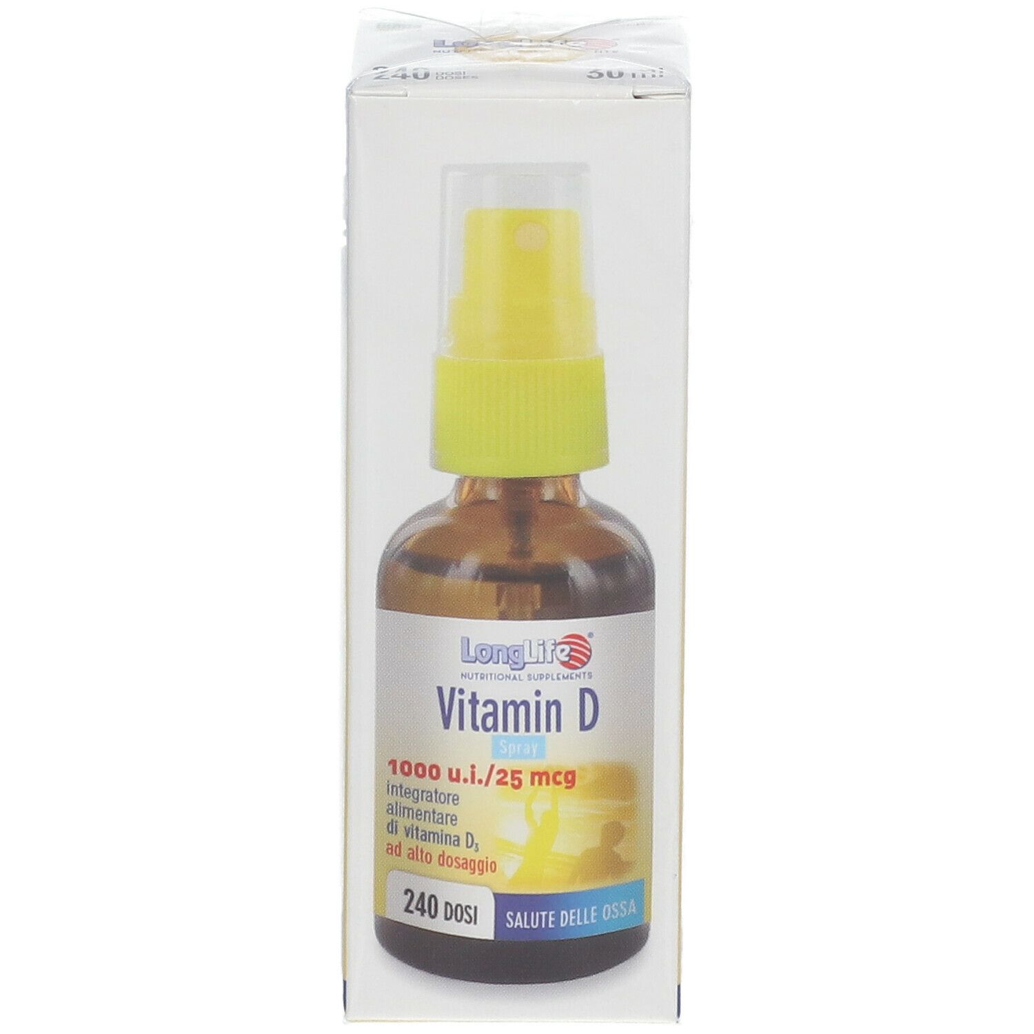 Flacone in vetro marrone con vaporizzatore giallo in confezione bianca. Scritta: Vitamina D, 1000 u.i./25 mcg, 240 dosi.