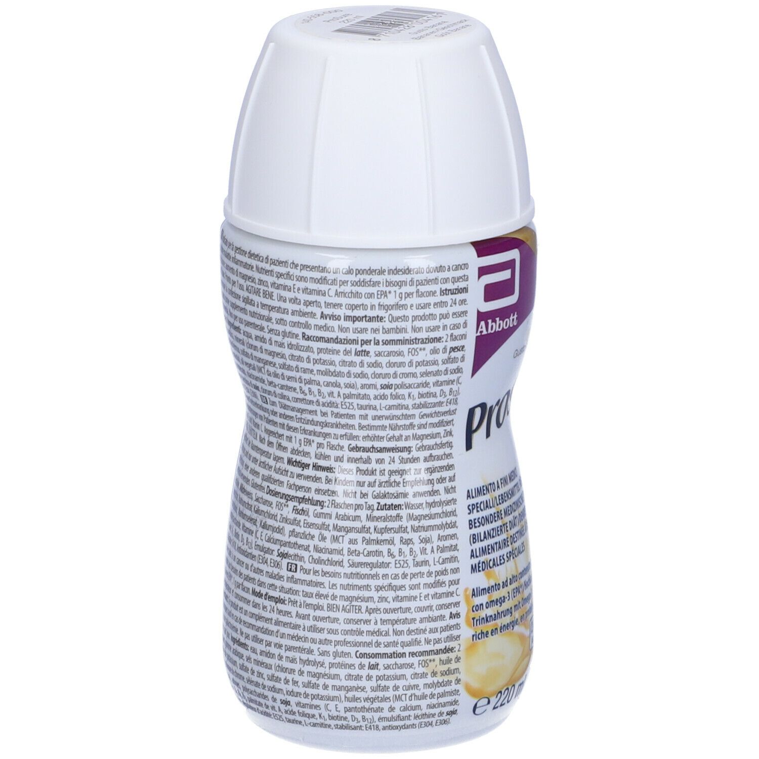 Bottiglia Abbott Prosure, retro con testo. Tappo bianco. Etichetta con informazioni nutrizionali e ingredienti.