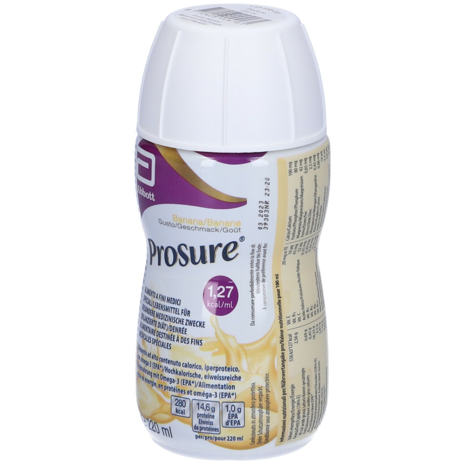 Bottiglia Abbott Prosure Banana, tappo bianco. Scritta: Prosure, 1,27 kcal/ml, 220 ml.