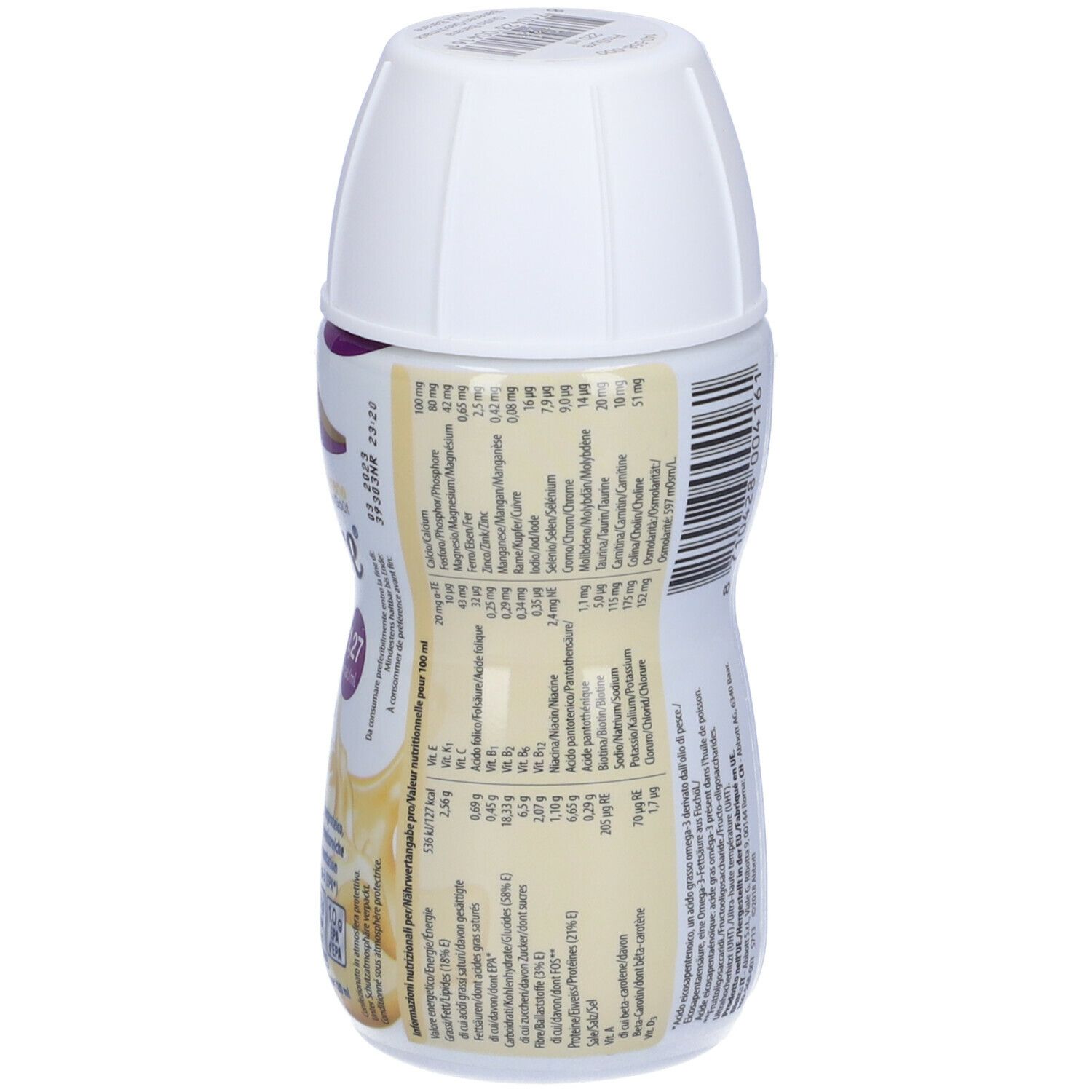 Bottiglia Abbott Prosure, retro con testo. Tappo bianco. Etichetta con informazioni nutrizionali e ingredienti.