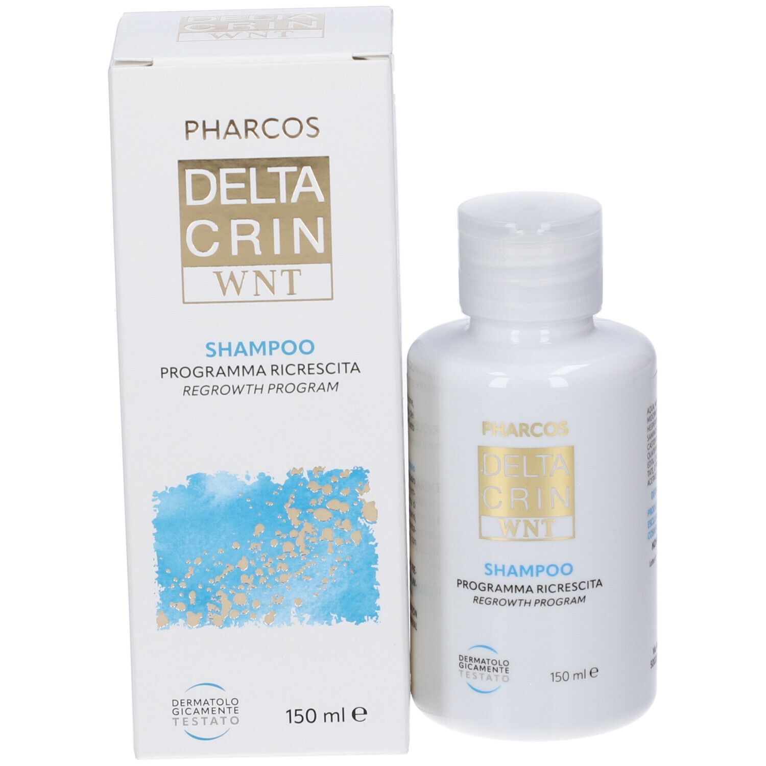 Flacone di Deltacrin Wnt Shampoo e scatola di imballaggio, 150 ml.