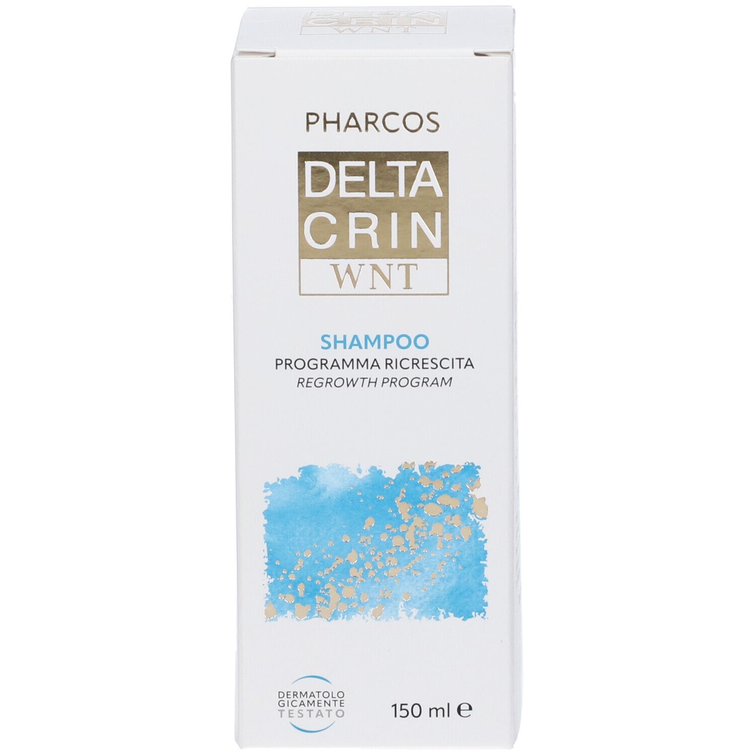 Scatola di imballaggio per Deltacrin Wnt Shampoo, 150 ml, con accenti blu e dorati.