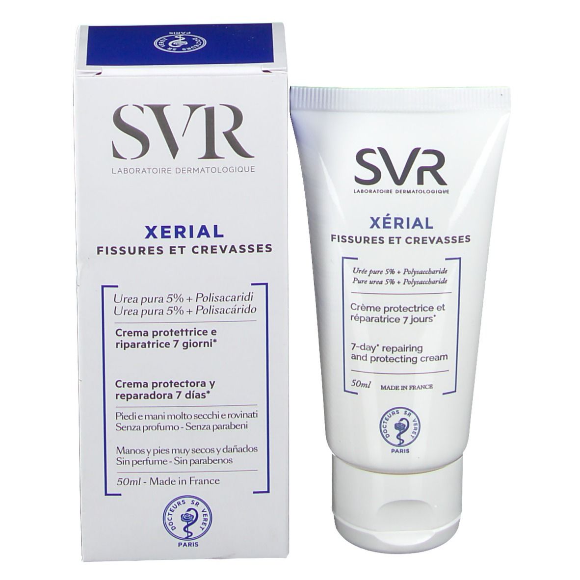 Tubo e scatola SVR Xeriale. Testo: Xerial, Fissures et Crevasses. Crema riparatrice 7 giorni. 50ml. Logo.