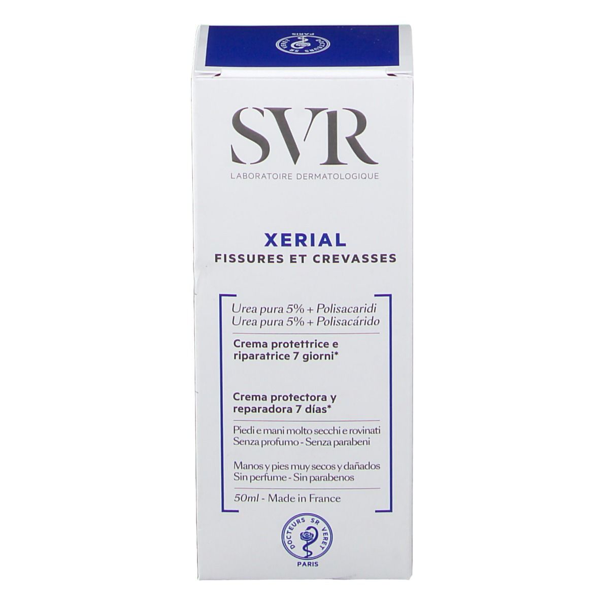 Scatola SVR Xeriale. Testo: Xerial, Fissures et Crevasses. Crema riparatrice 7 giorni. 50ml. Logo.