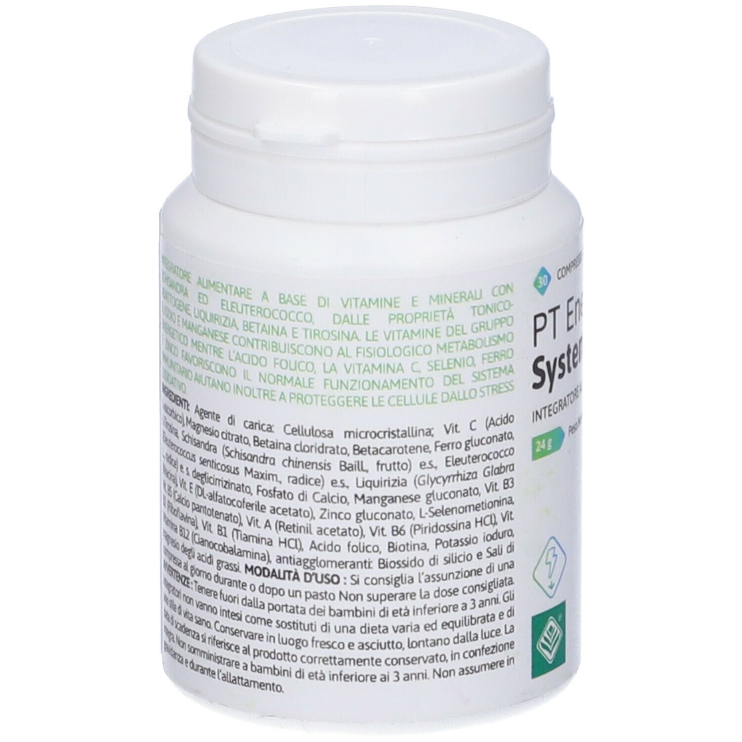 Flacone bianco con tappo. Scritta e lista ingredienti in italiano. Etichetta con testo e QR code.