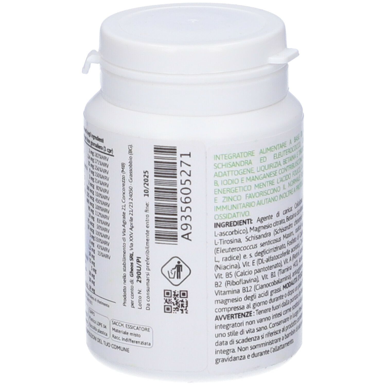 Flacone bianco con tappo. Scritta e lista ingredienti in italiano. Etichetta con testo e QR code.