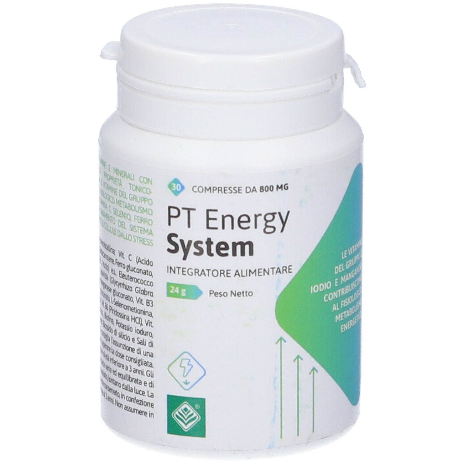Flacone bianco con tappo. Scritta: PT Energy System, 30 compresse. Grafica verde-azzurra. Testo in italiano.