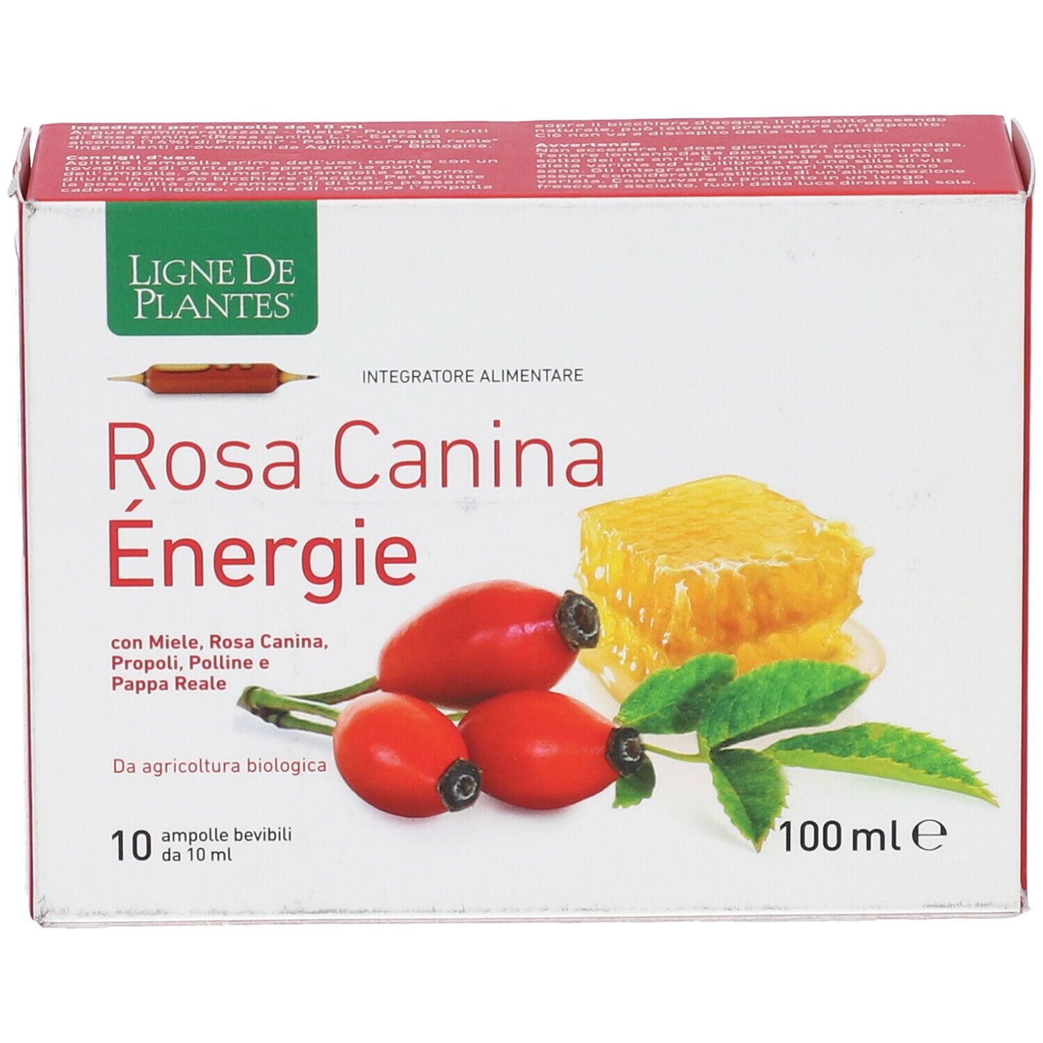 Confezione Rosa Canina Energie. Rose canine rosse, favo, foglie. 10 fiale, 100 ml.