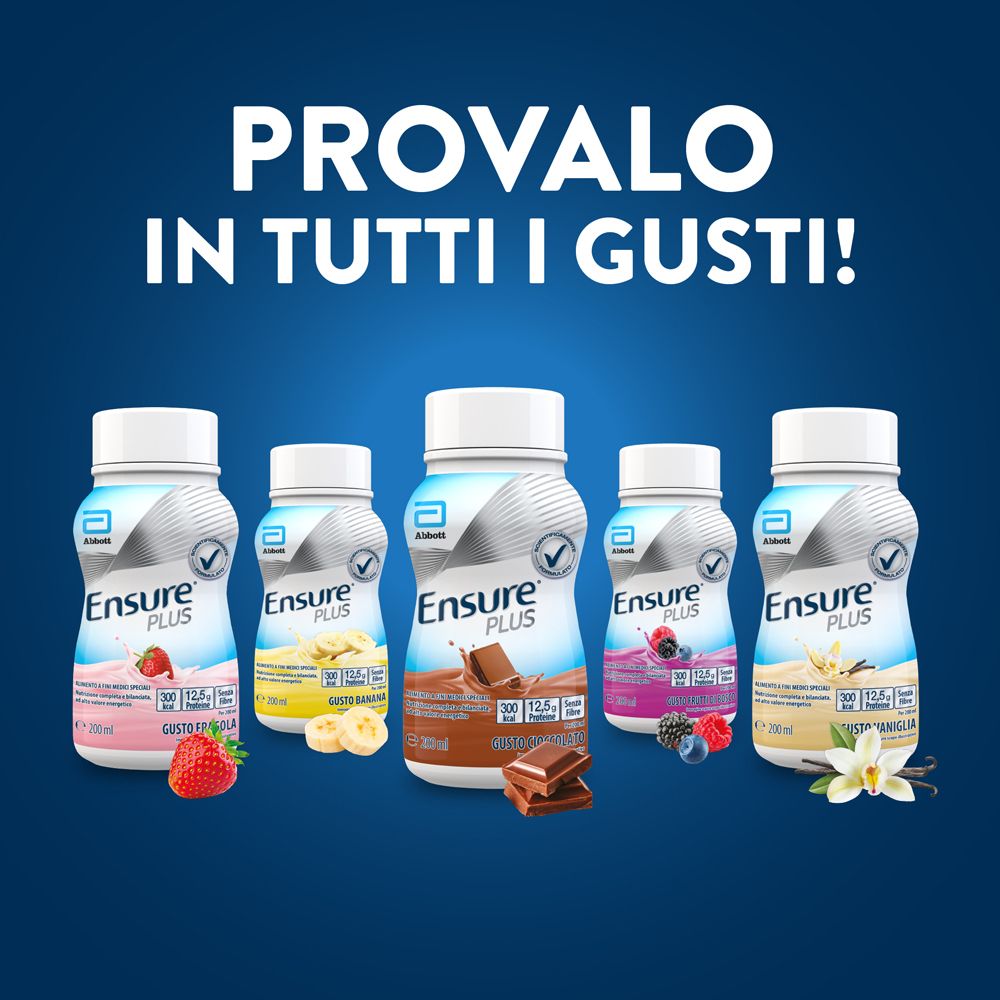 Bottiglie Ensure PLUS, diversi gusti. Fragola, banana, cioccolato, lampone, vaniglia. Logo Abbott.