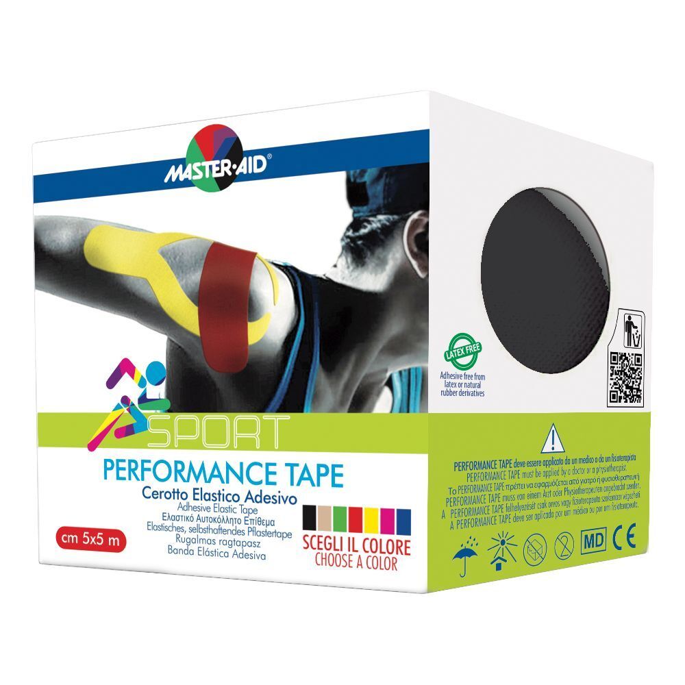 Confezione di Sport Performance Tape. Marchio Master-Aid. Illustrato un atleta con braccio bendato. Dimensioni 5x5m. Scelta di colori.