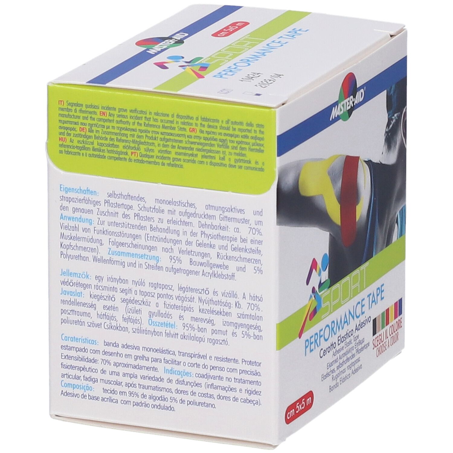 Confezione Master-Aid Sport Performance Tape con informazioni testuali in più lingue.