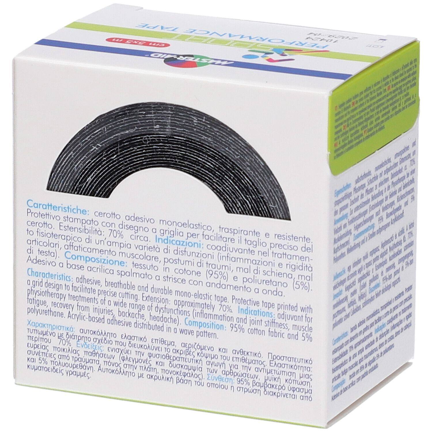 Confezione Master-Aid Sport Performance Tape mostra un rotolo di nastro nero.