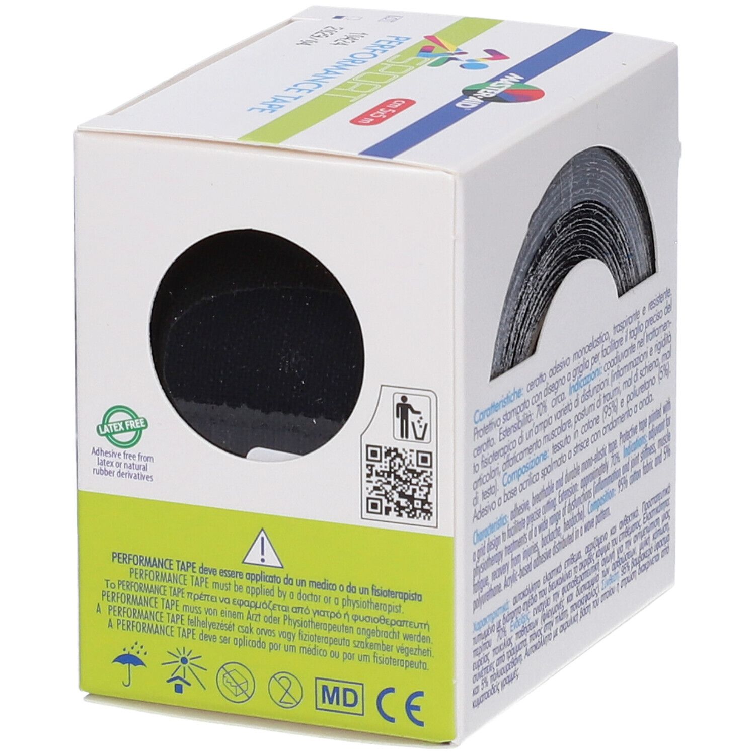 Confezione Master-Aid Sport Performance Tape con avvisi e simboli.