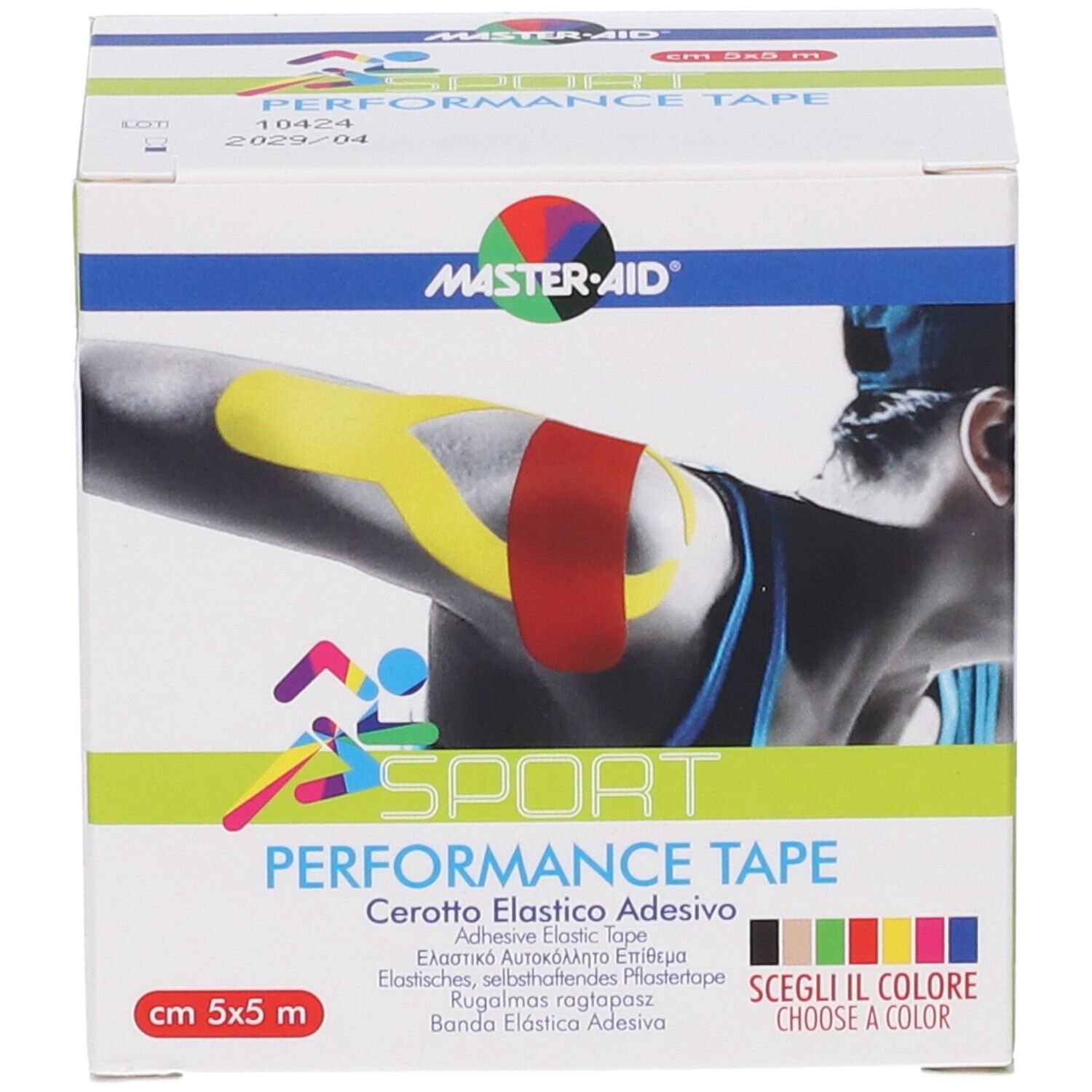 Confezione Master-Aid Sport Performance Tape con immagine di un braccio fasciato.