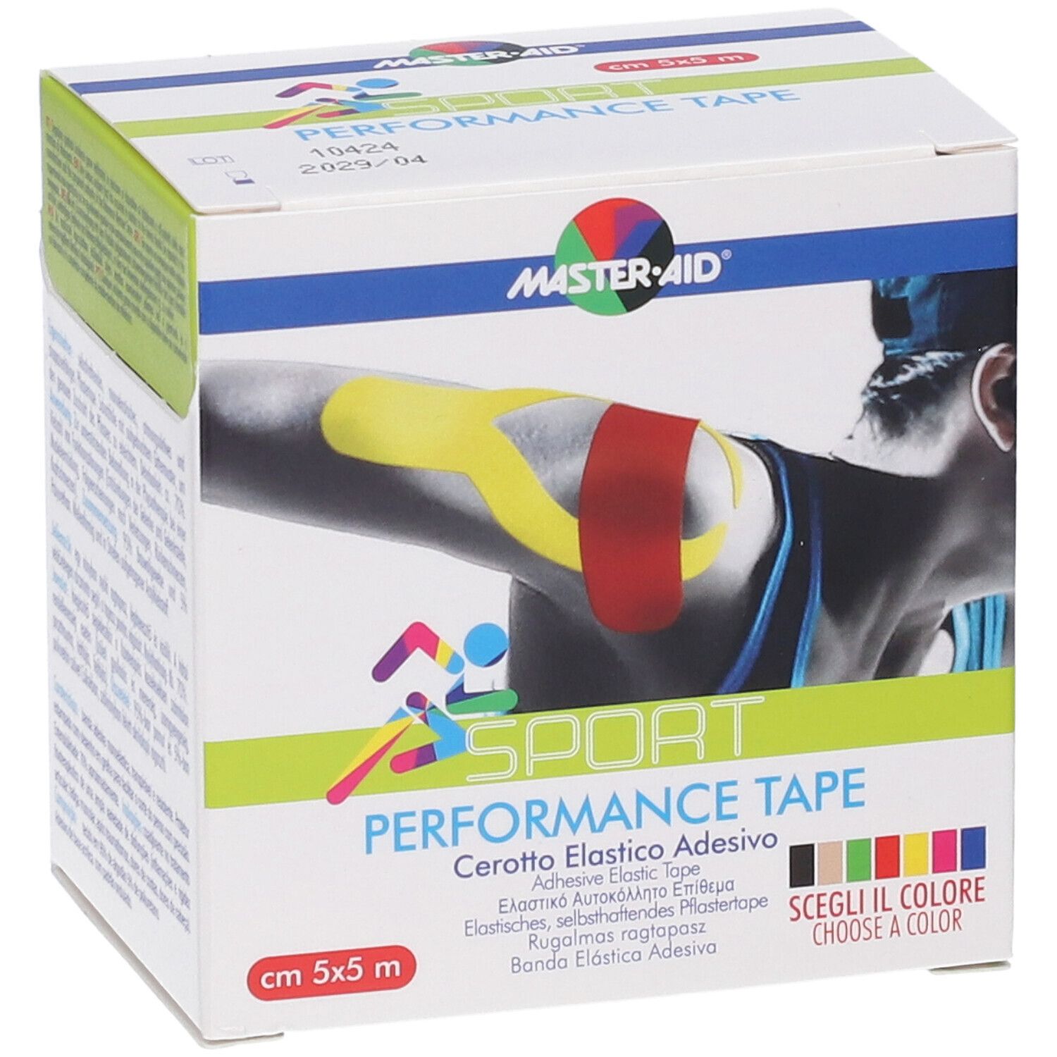 Confezione Master-Aid Sport Performance Tape con immagine di un braccio fasciato.