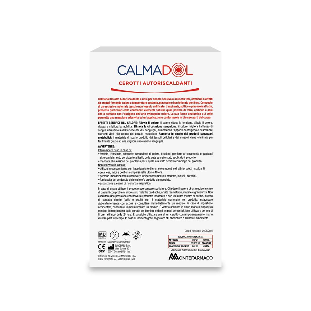 Retro della confezione Calmadol® Cerotti Autoriscaldanti. Testo in italiano. Informazioni e avvertenze.