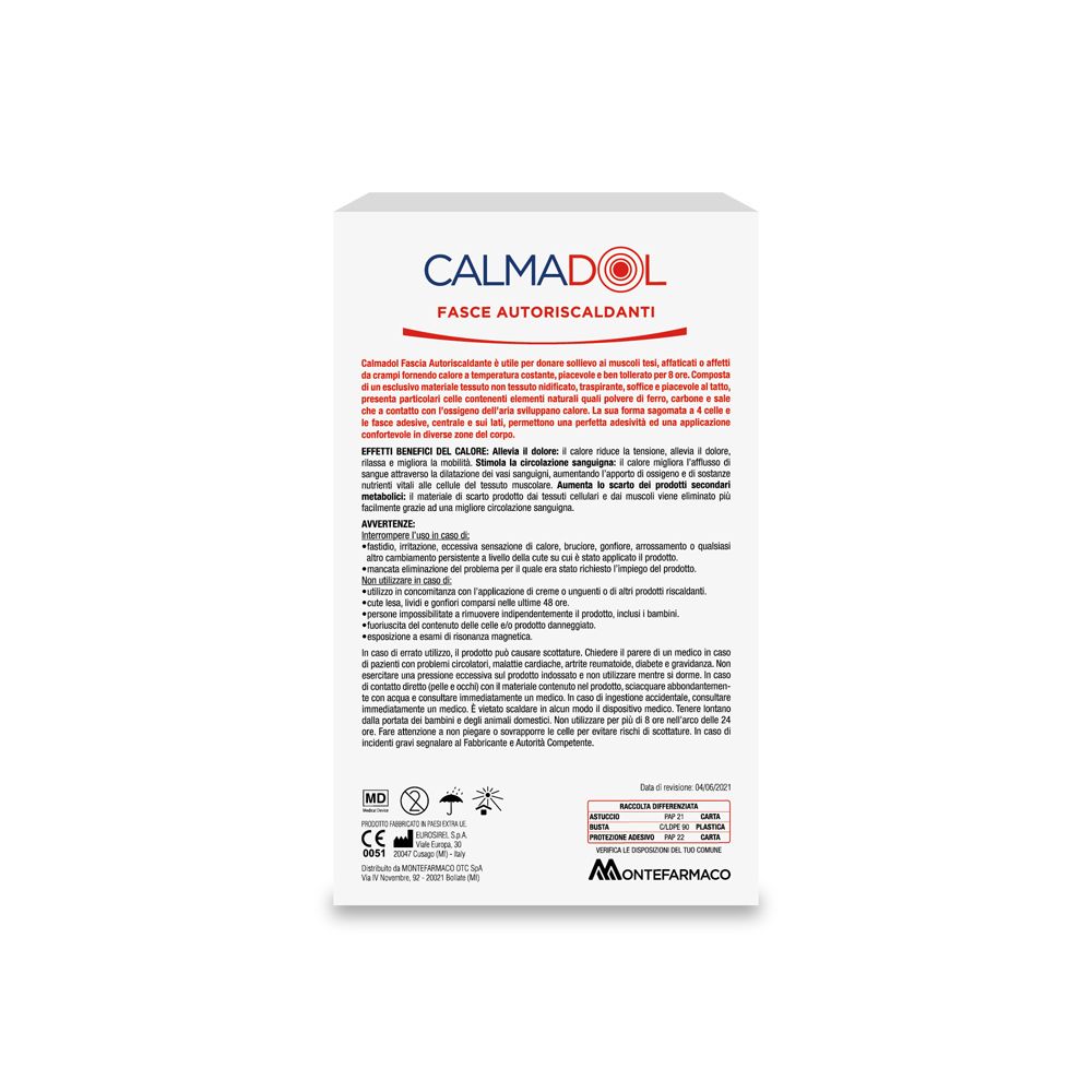 Retro della confezione. Informazioni testuali. CALMADOL, Fasce Autoriscaldanti. Certificazioni.