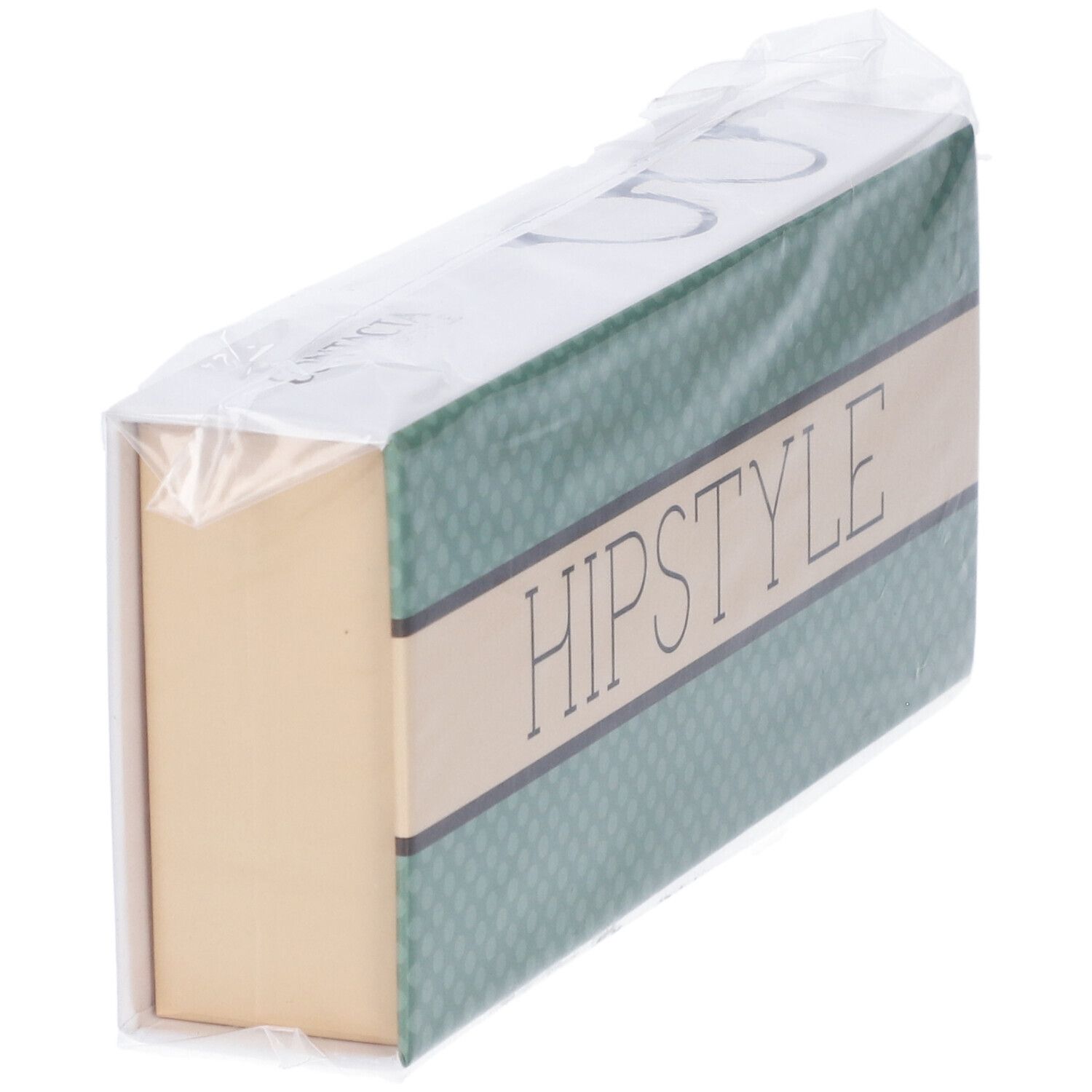 Confezione di occhiali. Scritta HIPSTYLE. Design verde e beige. Confezionato in plastica.