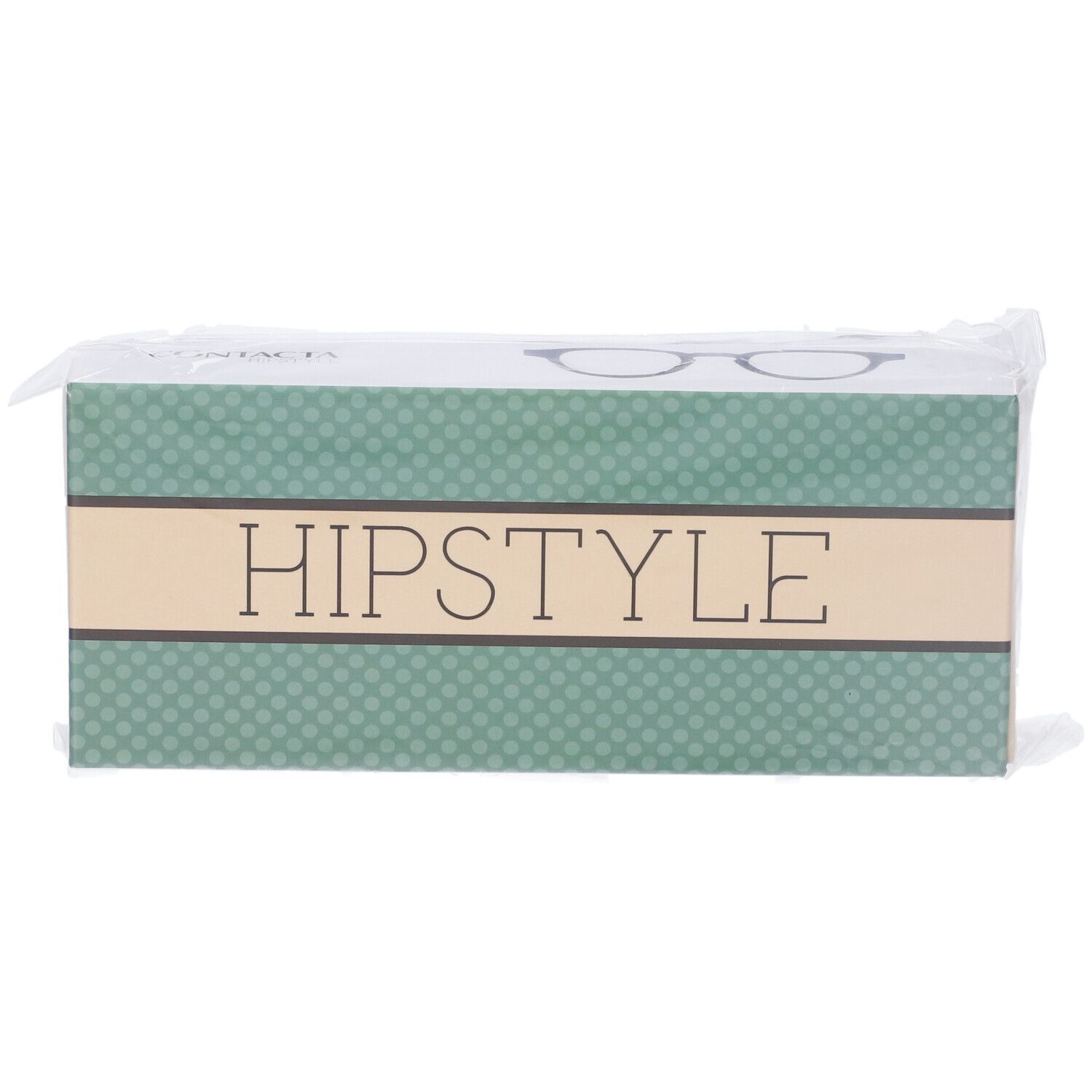 Confezione di occhiali. Scritta HIPSTYLE su sfondo verde a pois. Confezionato in plastica.