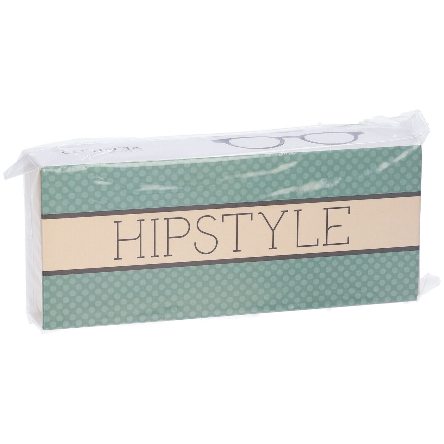 Confezione di occhiali. Scritta HIPSTYLE su sfondo verde a pois. Confezionato in plastica.