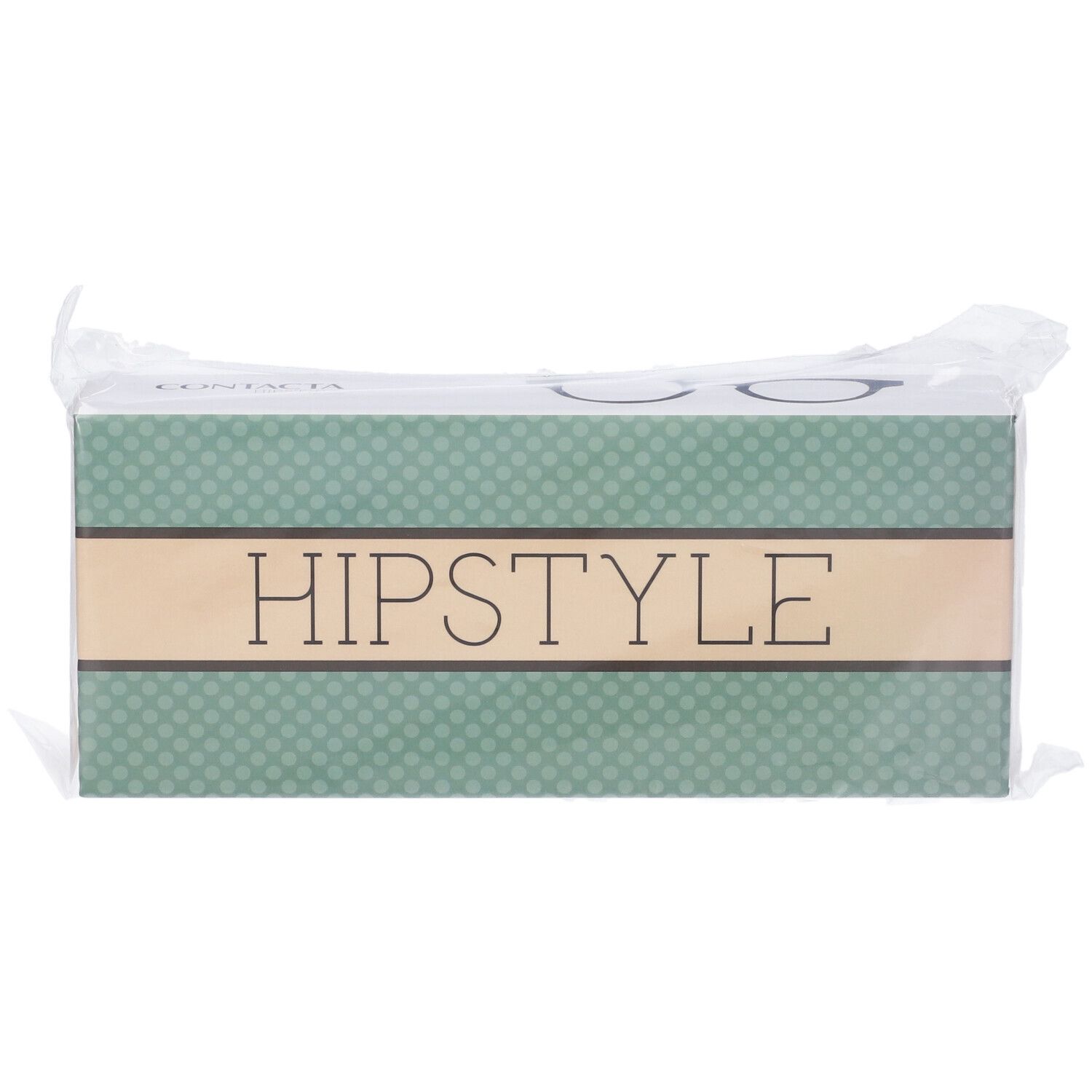 Confezione di occhiali. Scritta HIPSTYLE su sfondo verde. Confezionato in plastica.