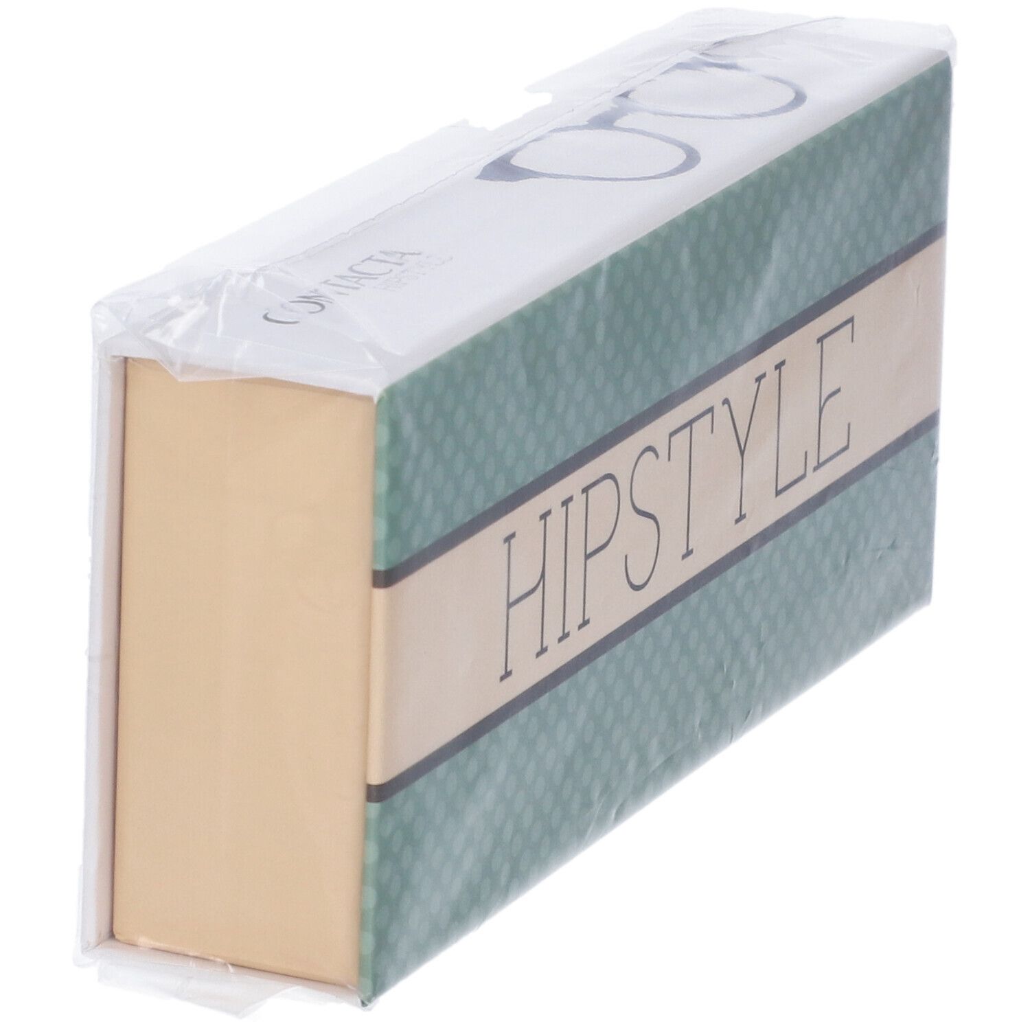 Confezione "HIPSTYLE" in plastica. Design verde e beige. Vista laterale. "CONTACTA" e illustrazione occhiali.