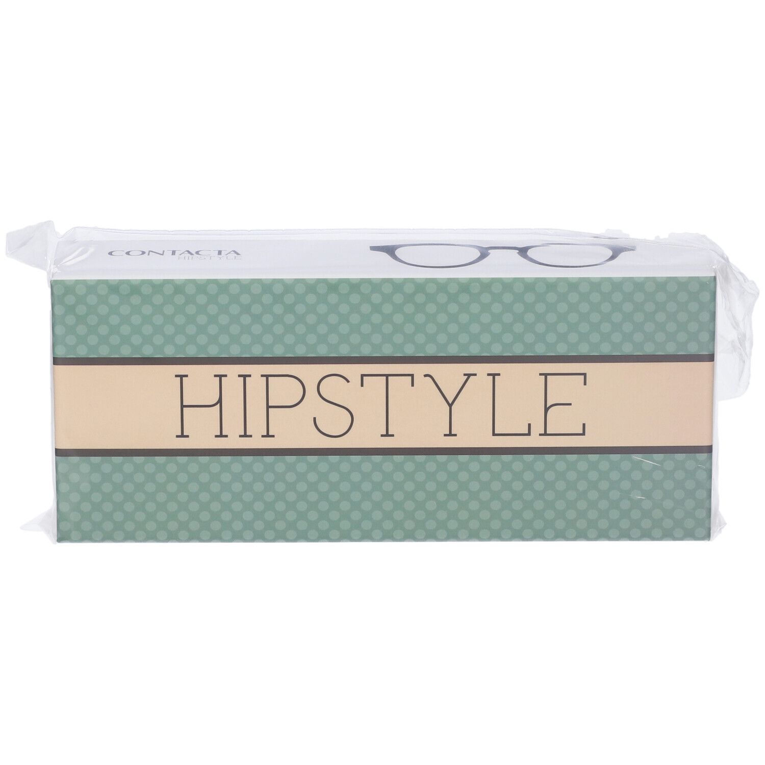 Confezione "HIPSTYLE" in plastica. Design verde e beige con illustrazione occhiali. Scritta "CONTACTA".