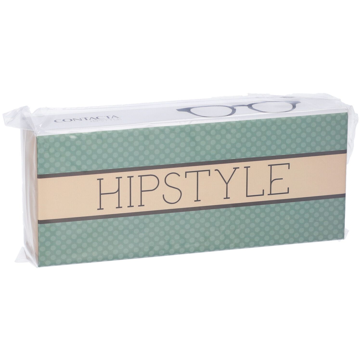 Confezione "HIPSTYLE" in plastica. Design verde e beige con illustrazione occhiali. Scritta "CONTACTA".