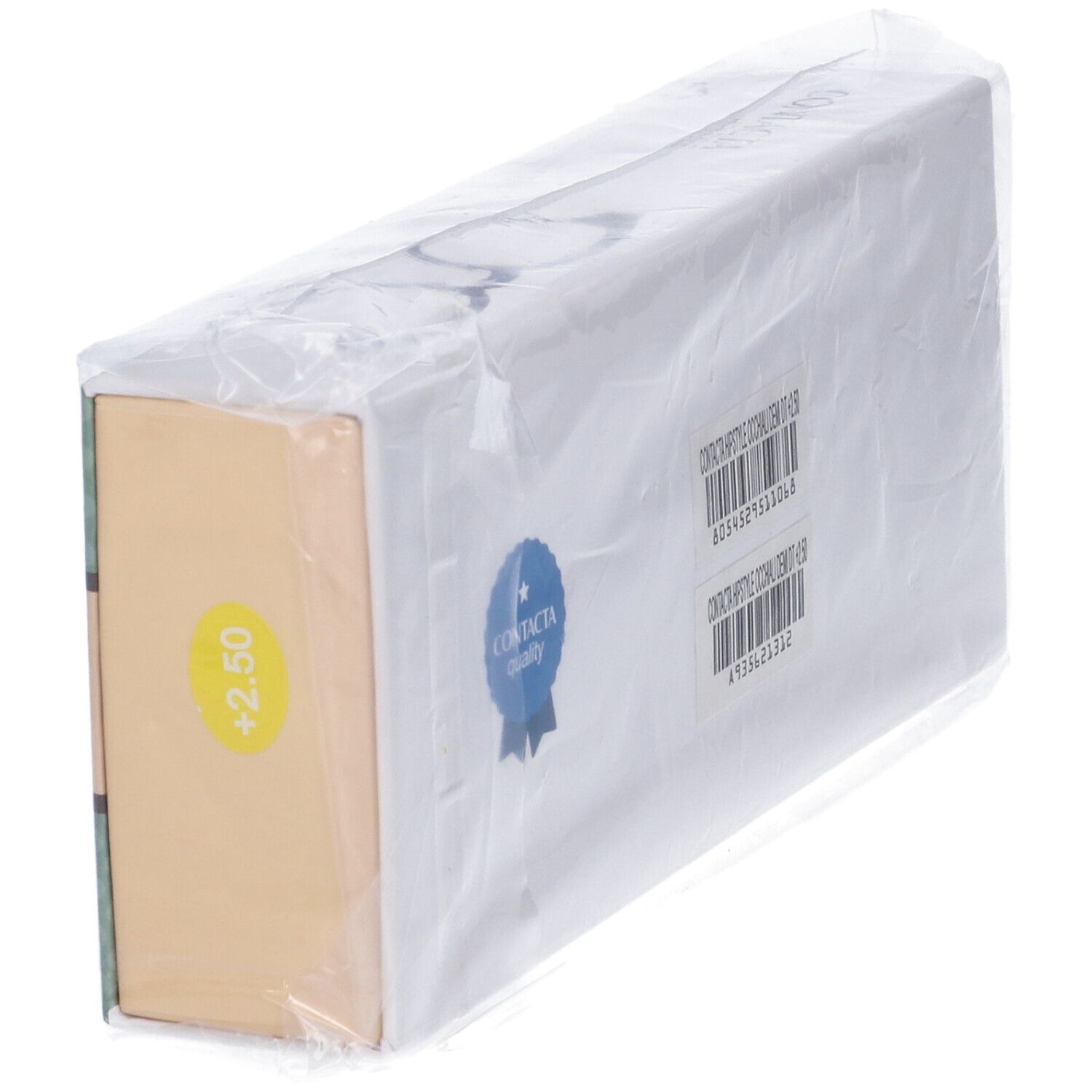 Confezione di occhiali. Scritta CONTACTA quality. Adesivo +2,50. Confezionata in plastica.