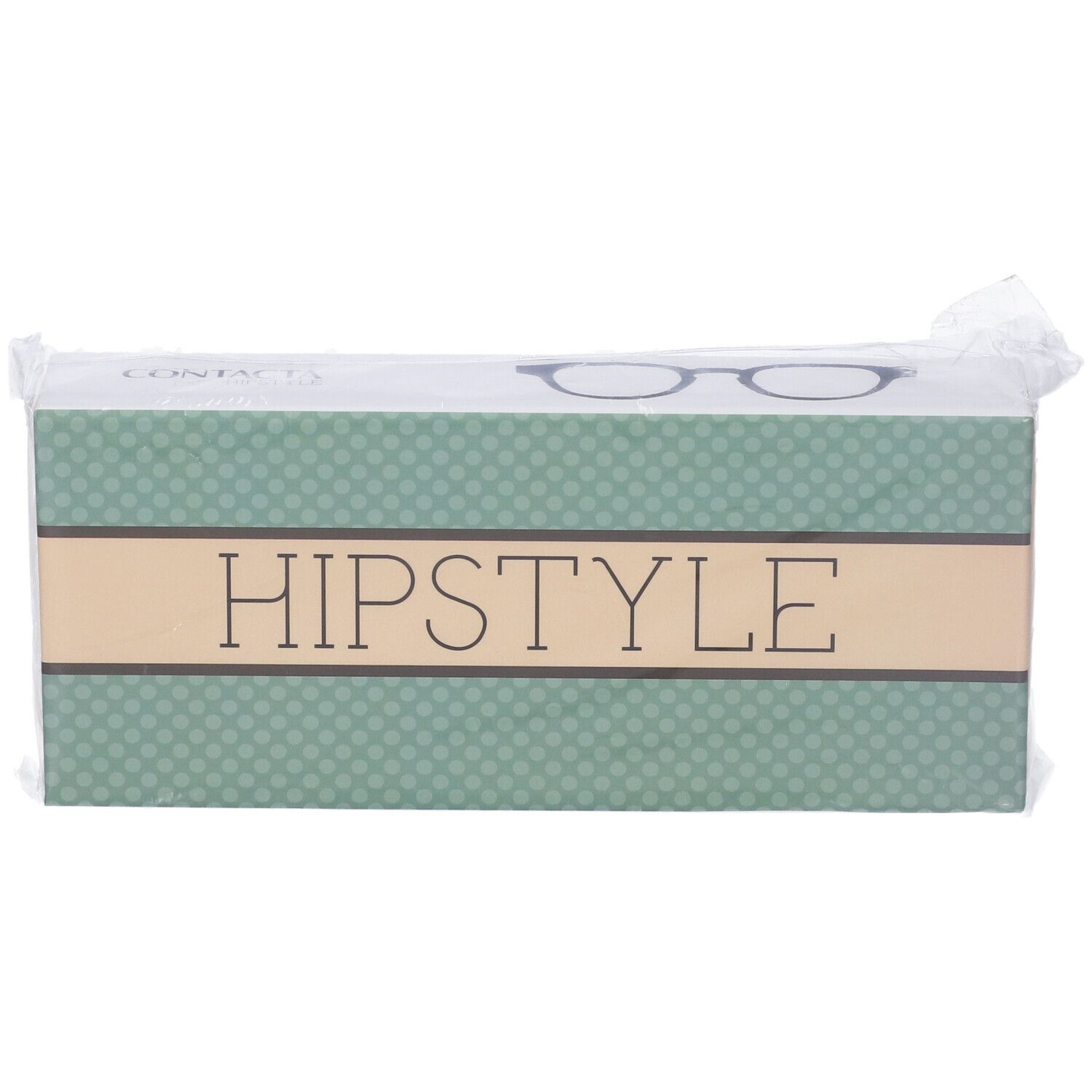 Confezione di occhiali. Scritta HIPSTYLE su sfondo verde. Confezionata in plastica.