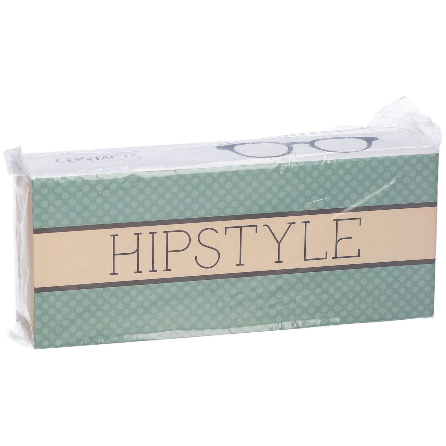 Confezione di occhiali. Scritta HIPSTYLE su sfondo verde. Confezionata in plastica.