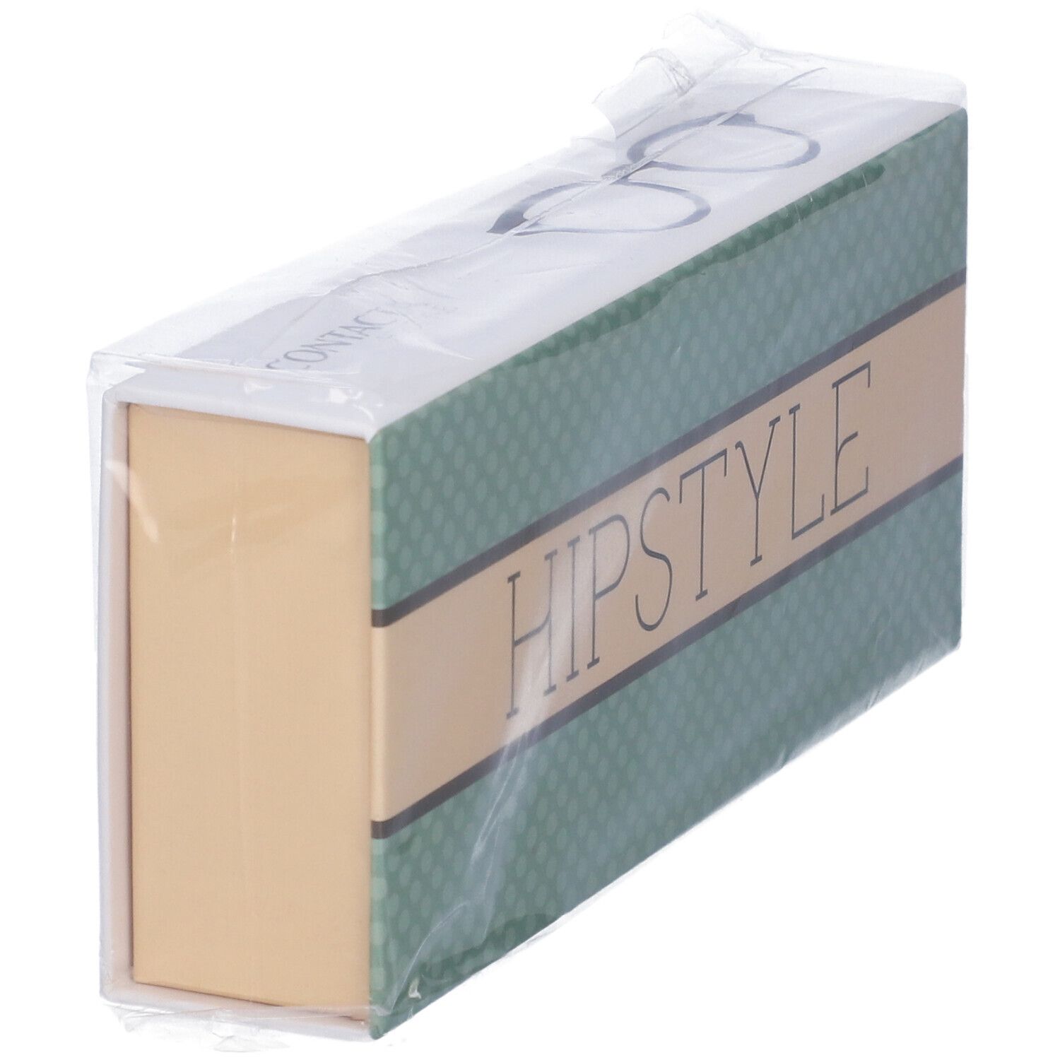 Confezione di occhiali. Scritta HIPSTYLE. Motivo verde e beige. Confezionato in pellicola.