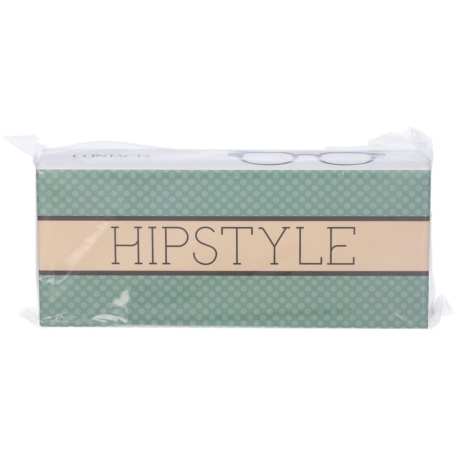 Confezione di occhiali. Scritta HIPSTYLE su sfondo verde. Logo Contact in alto.