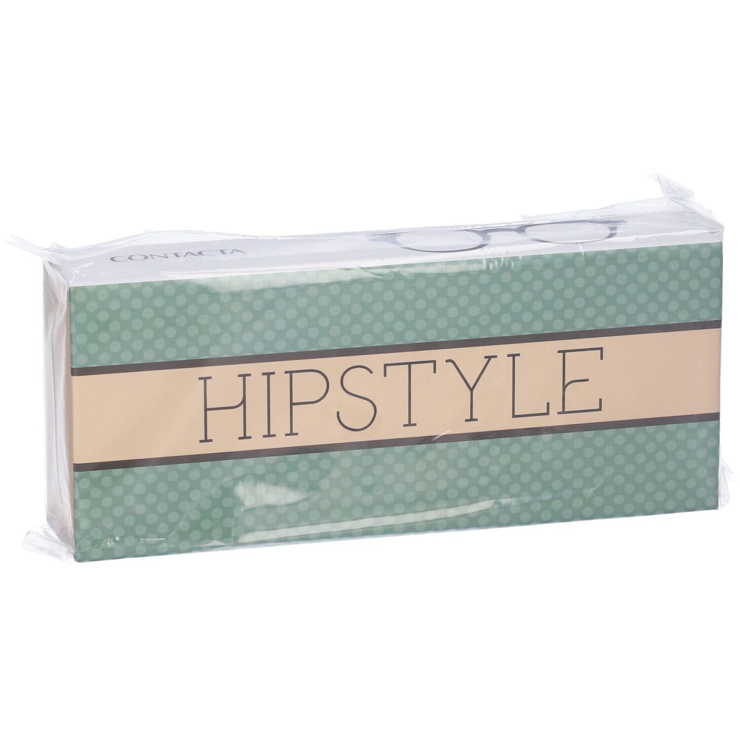 Confezione di occhiali. Scritta HIPSTYLE su sfondo verde. Logo Contact in alto.