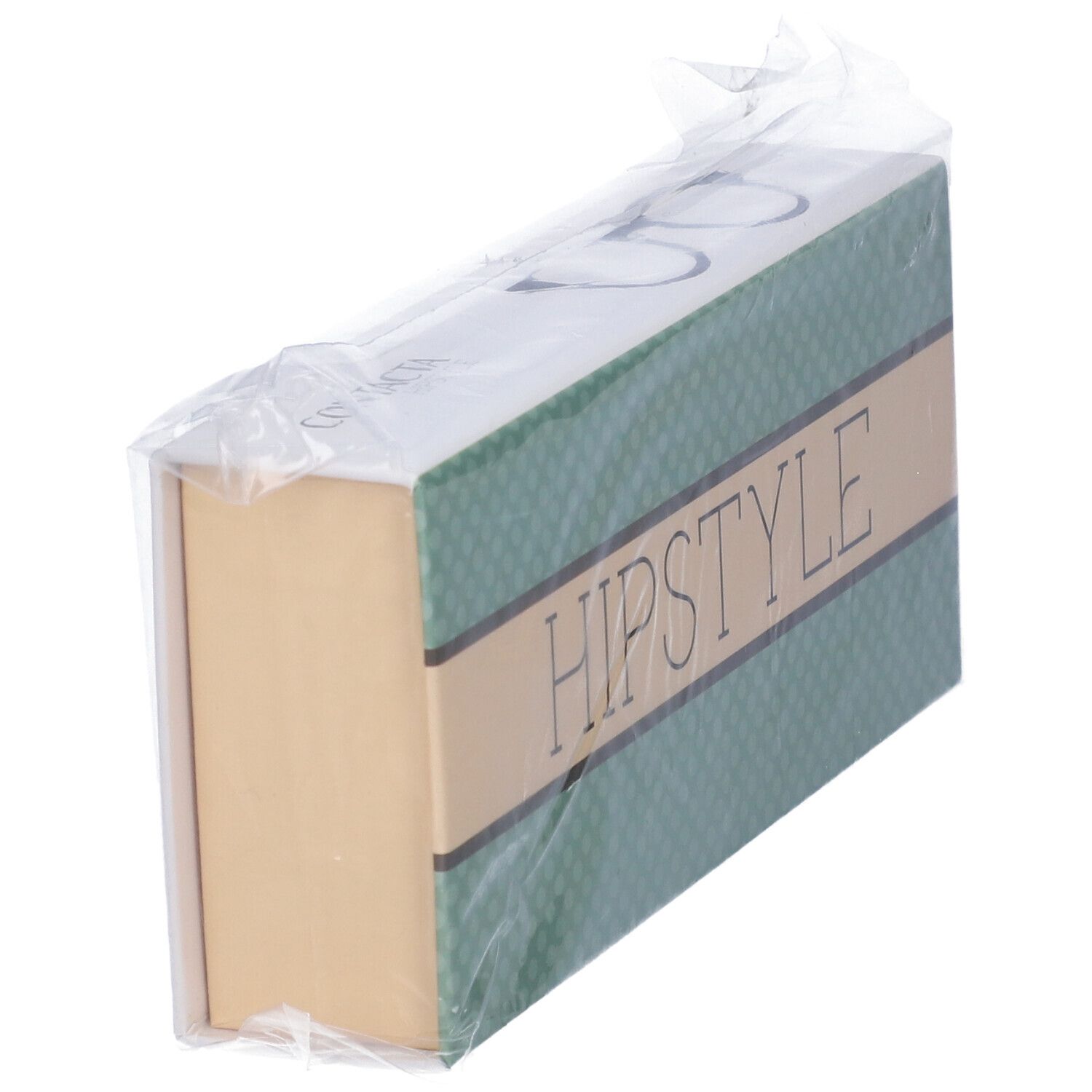 Confezione "HIPSTYLE" in plastica. Design verde e beige. Vista laterale. Lato beige. Imballaggio trasparente.