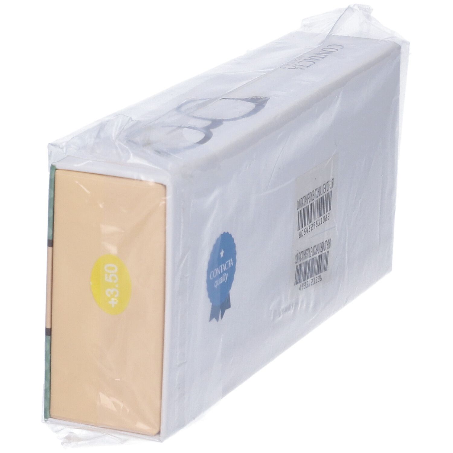 Confezione con logo "CONTACTA Quality" ed etichetta +3.50. Imballaggio bianco con codici a barre. In plastica.