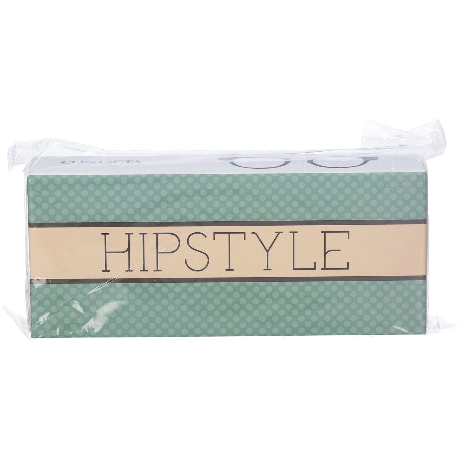 Confezione "HIPSTYLE" in plastica. Design verde a pois, beige. Illustrazione occhiali. Imballaggio trasparente.